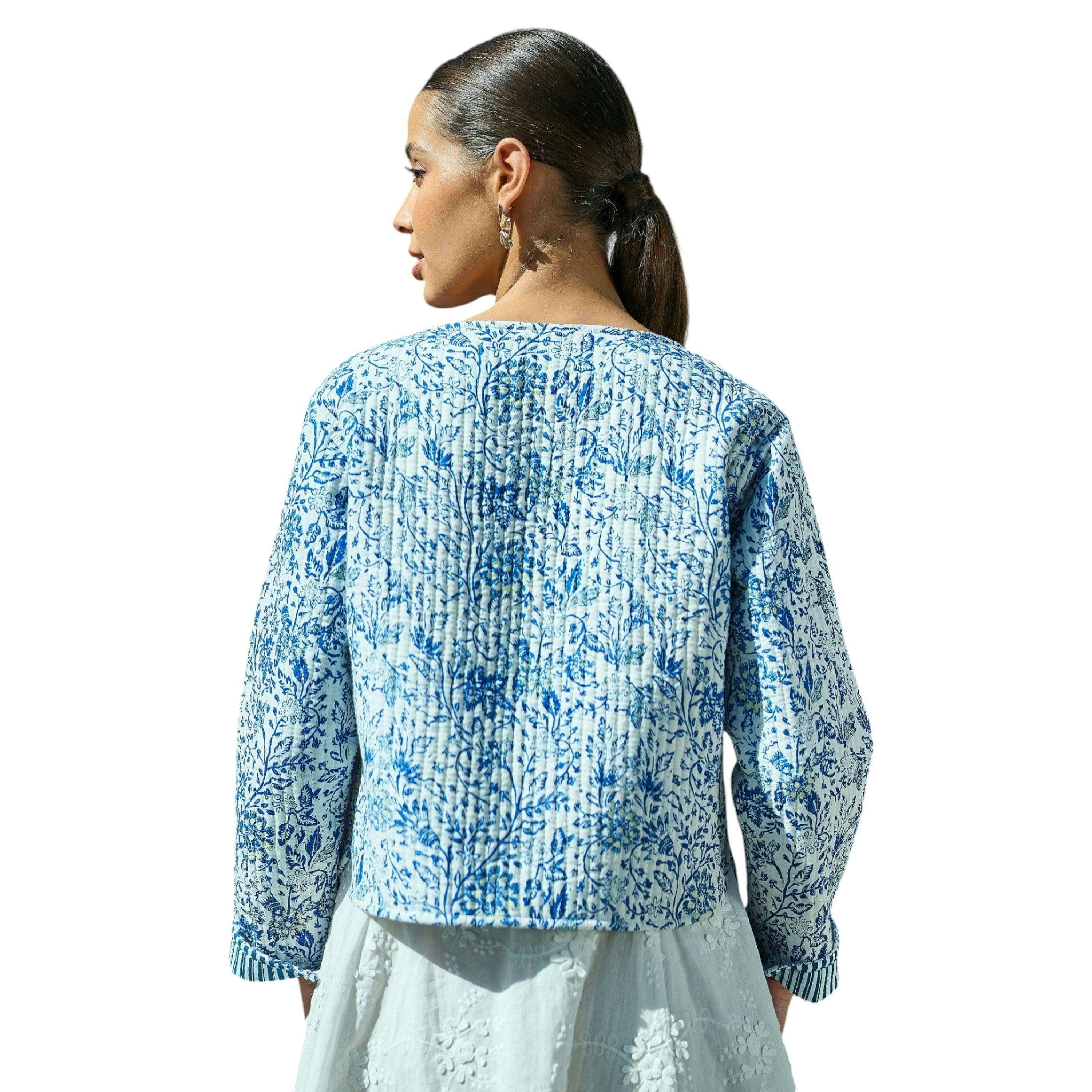 Yumi Blue Boho Floral Print Cropped Reversible Cotton Quilted Jacket , view 5 of 6