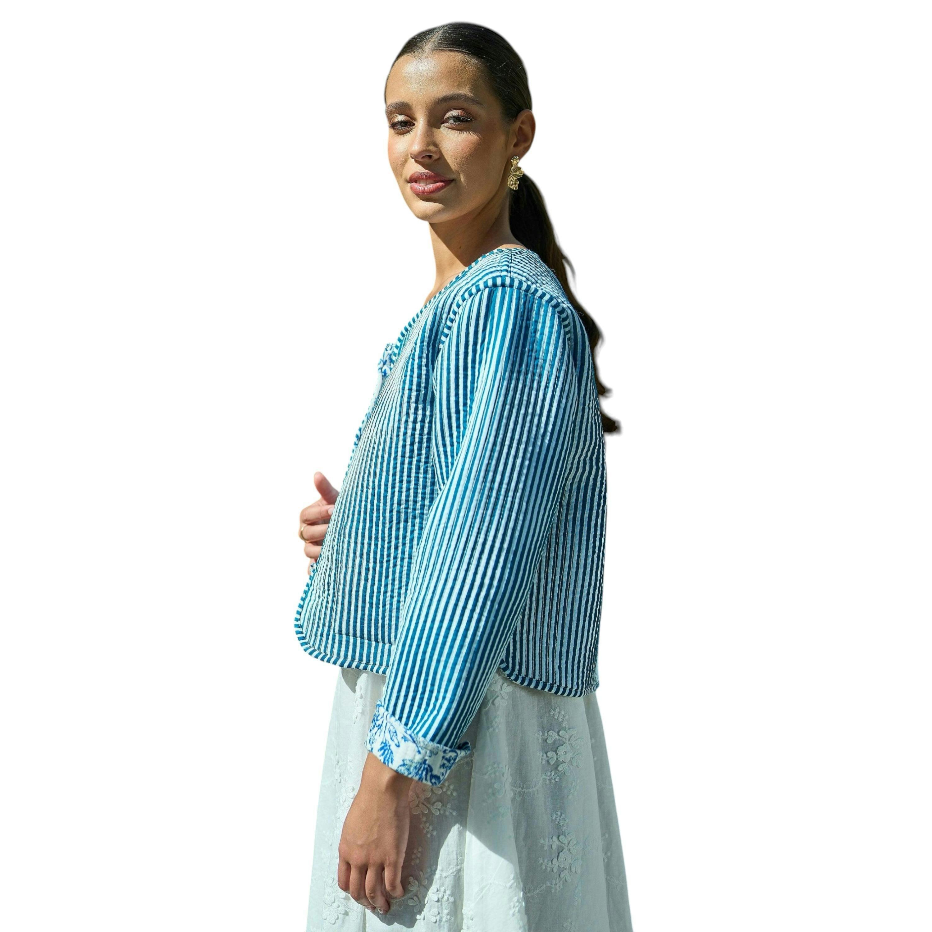 Yumi Blue Boho Floral Print Cropped Reversible Cotton Quilted Jacket , view 6 of 6