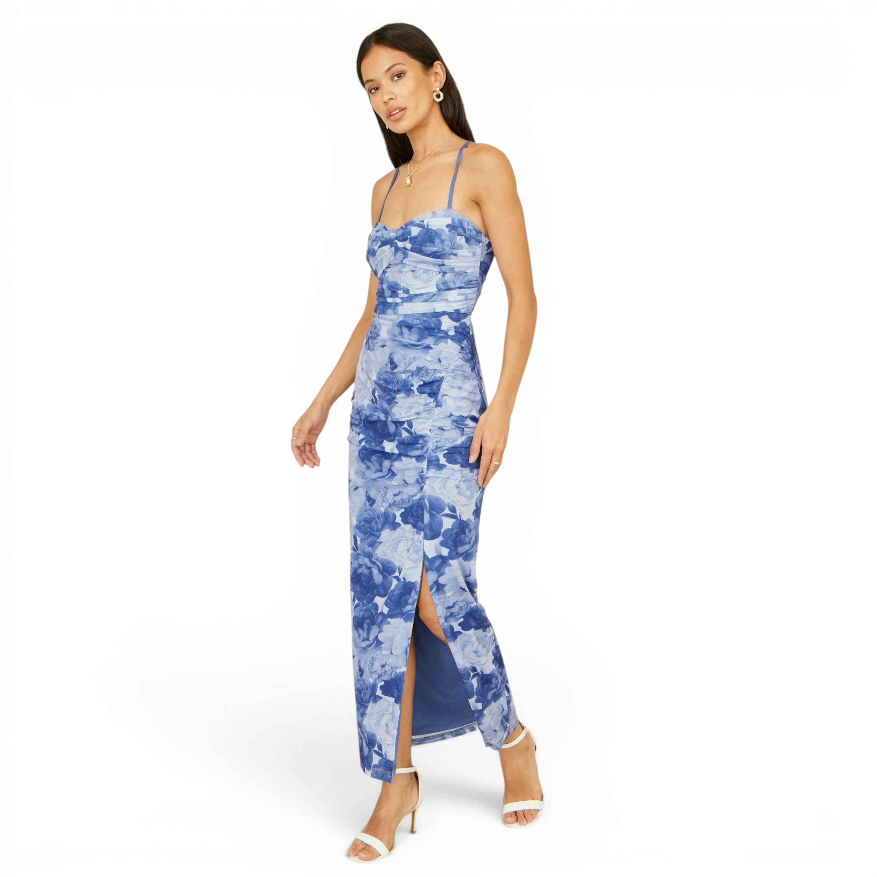 Yumi Blue Mesh Ruched Midi Dress With Split , view 1 of 6