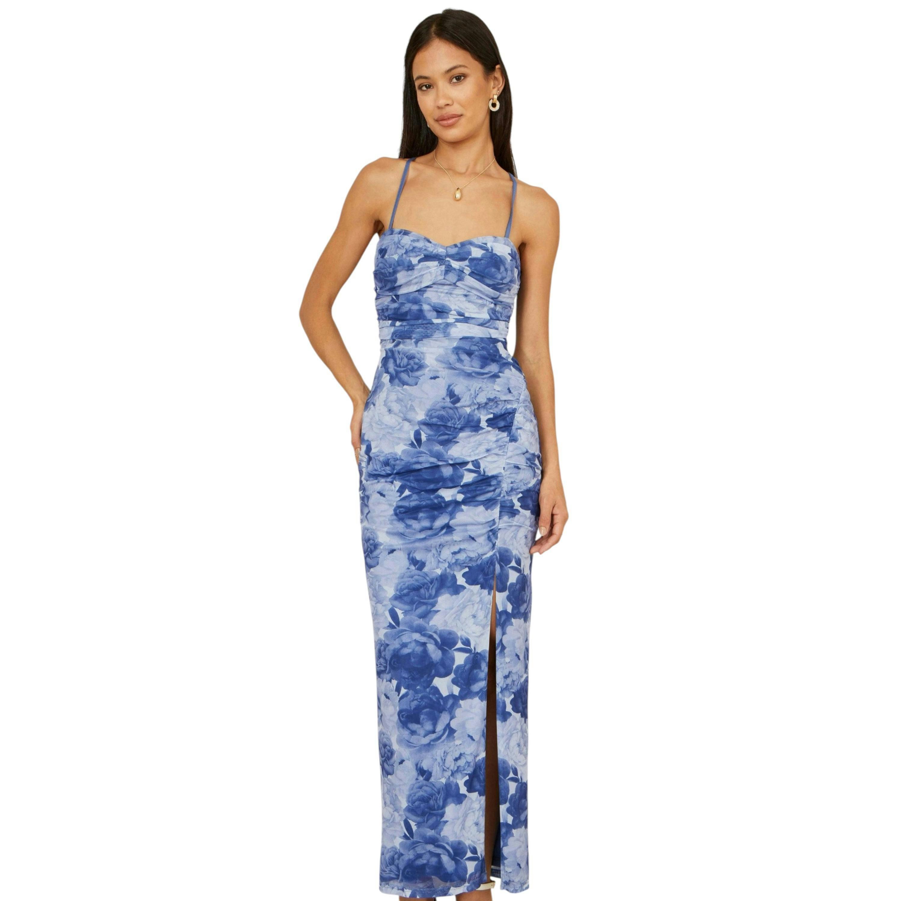 Yumi Blue Mesh Ruched Midi Dress With Split , view 3 of 6