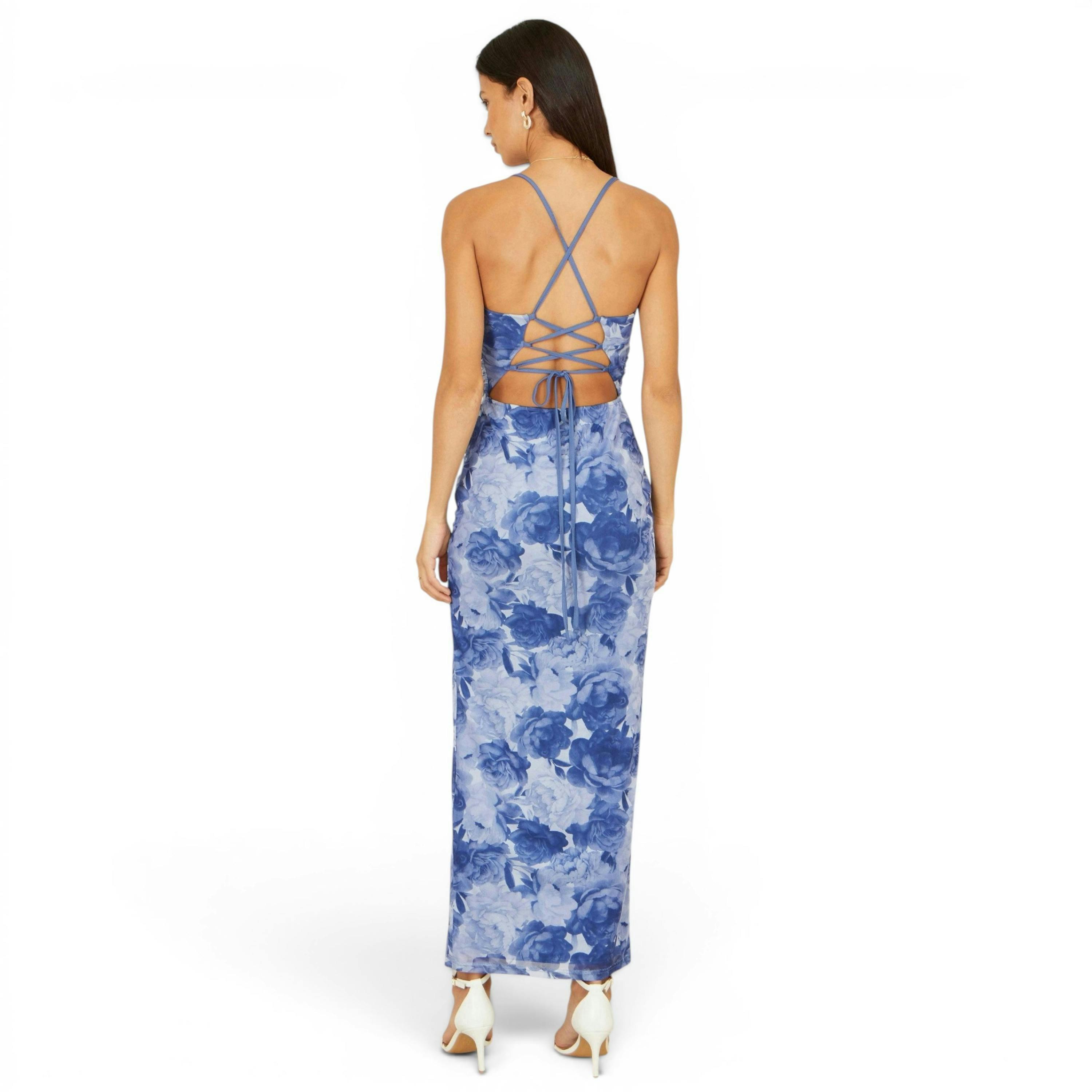 Yumi Blue Mesh Ruched Midi Dress With Split , view 4 of 6