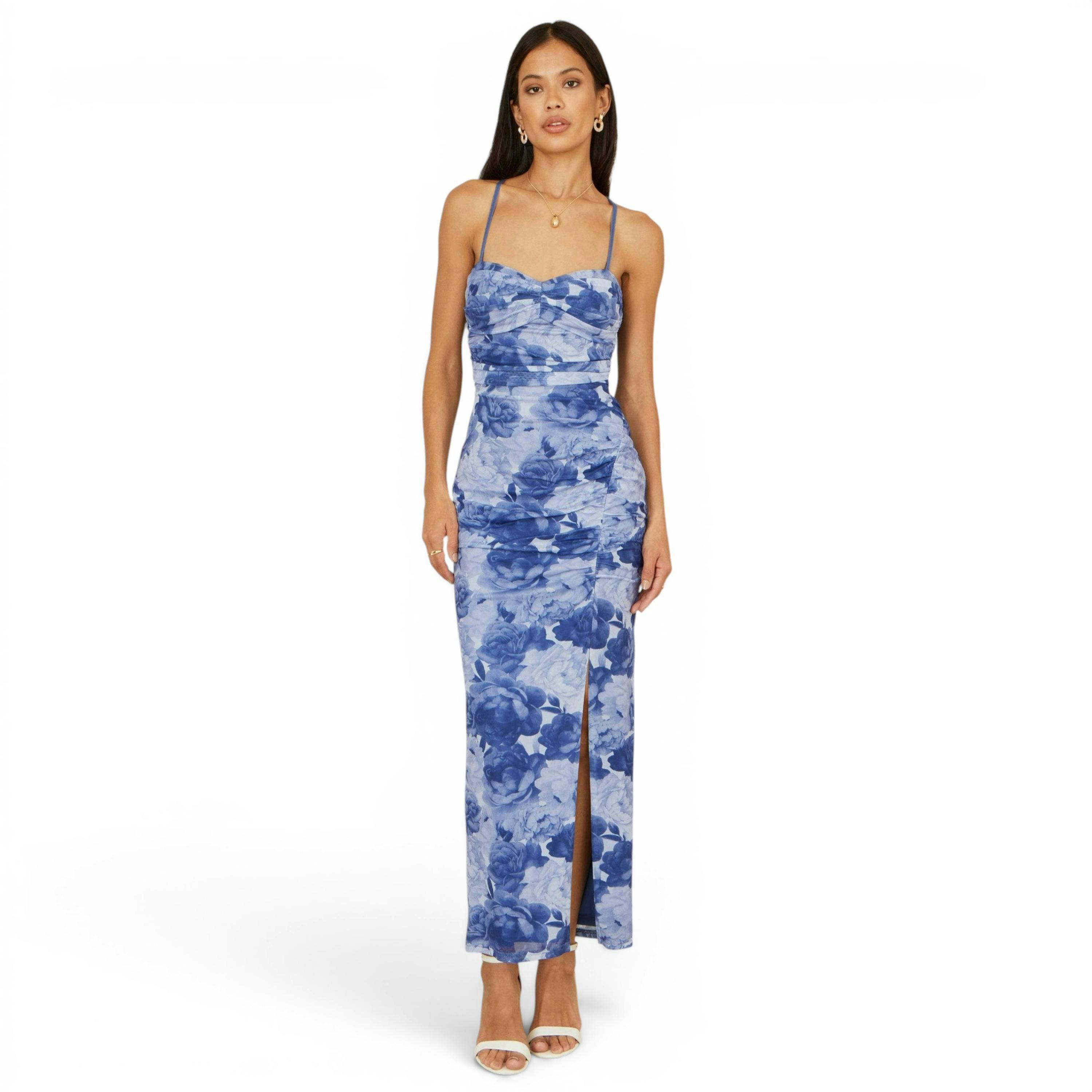 Yumi Blue Mesh Ruched Midi Dress With Split , view 5 of 6