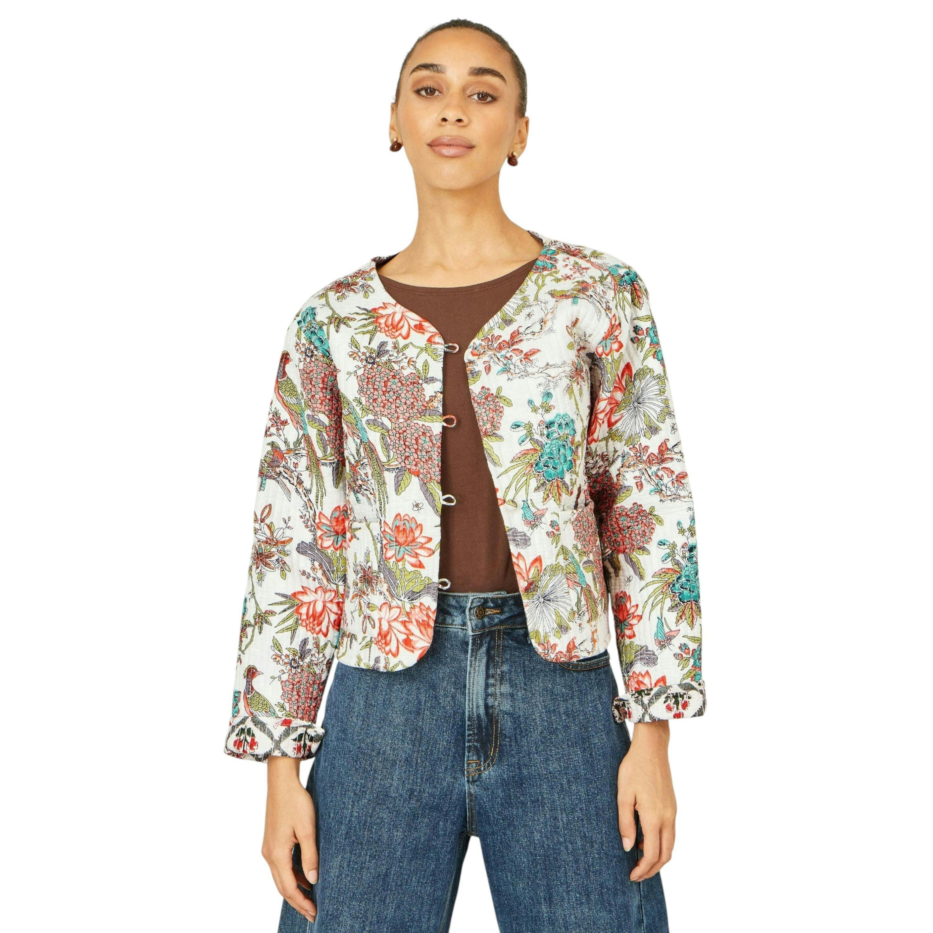 Yumi White Peacock Print Reversible Cotton Quilted Jacket , view 1 of 6