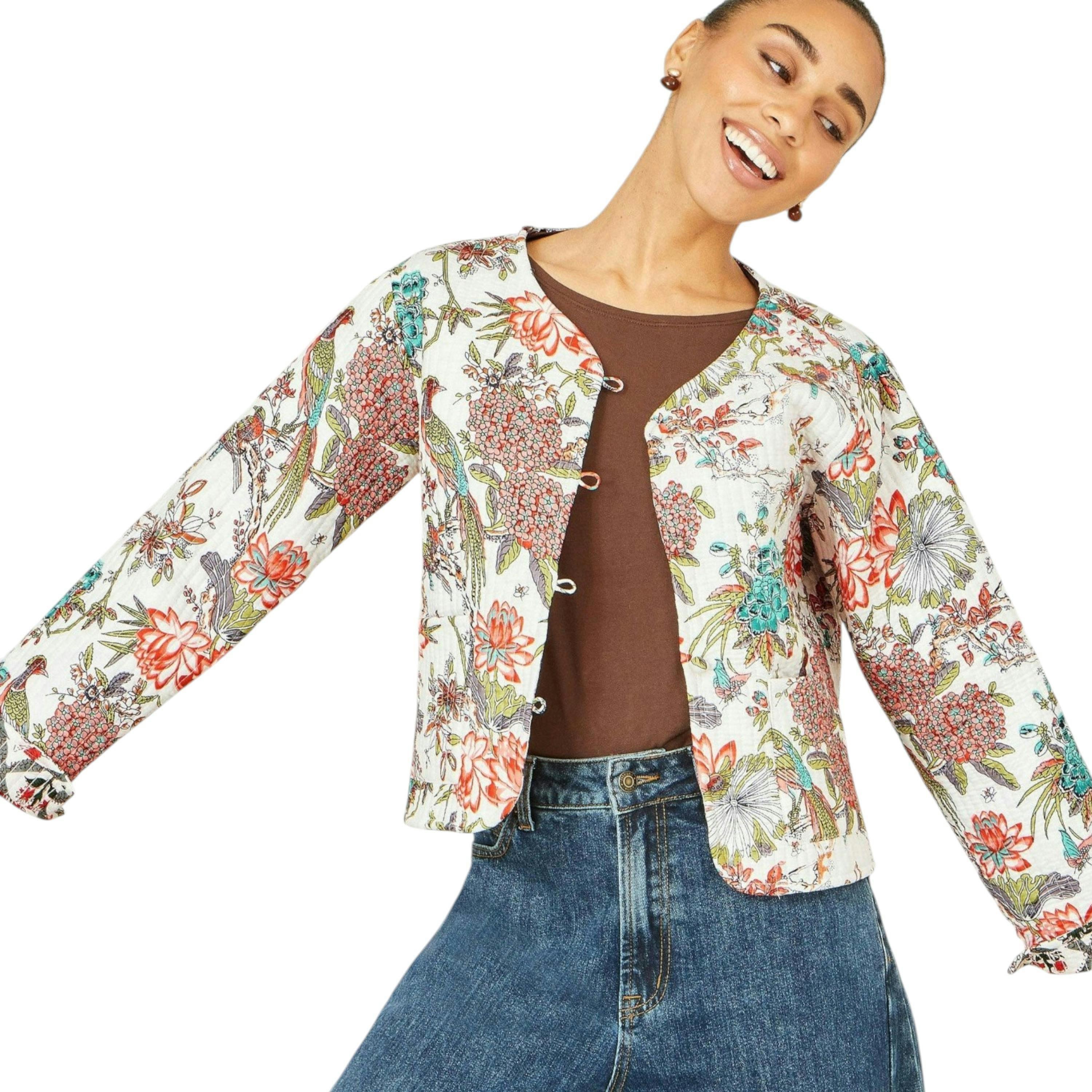 Yumi White Peacock Print Reversible Cotton Quilted Jacket , view 2 of 6