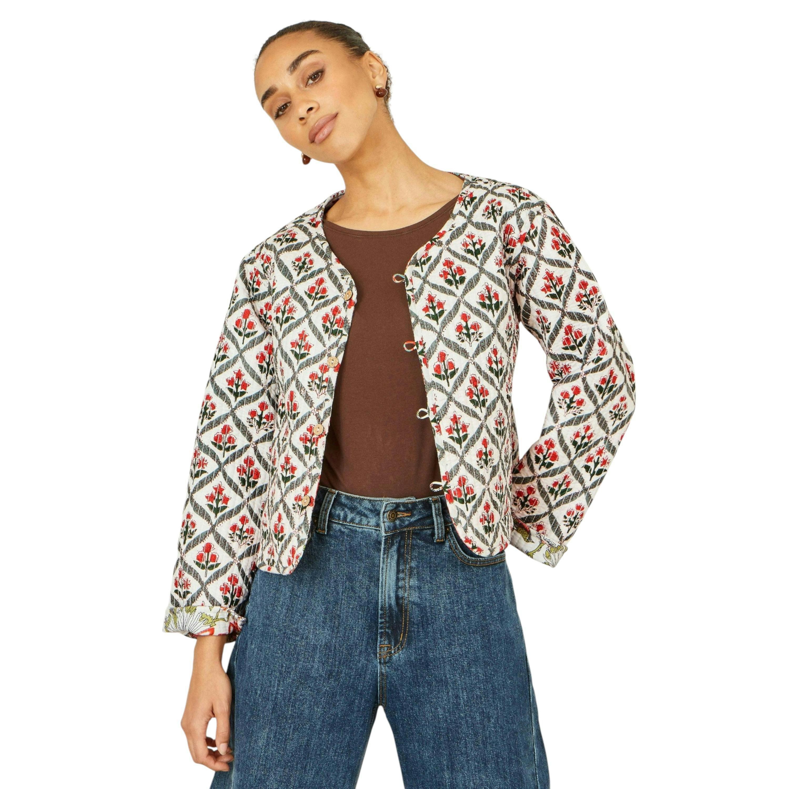 Yumi White Peacock Print Reversible Cotton Quilted Jacket , view 3 of 6