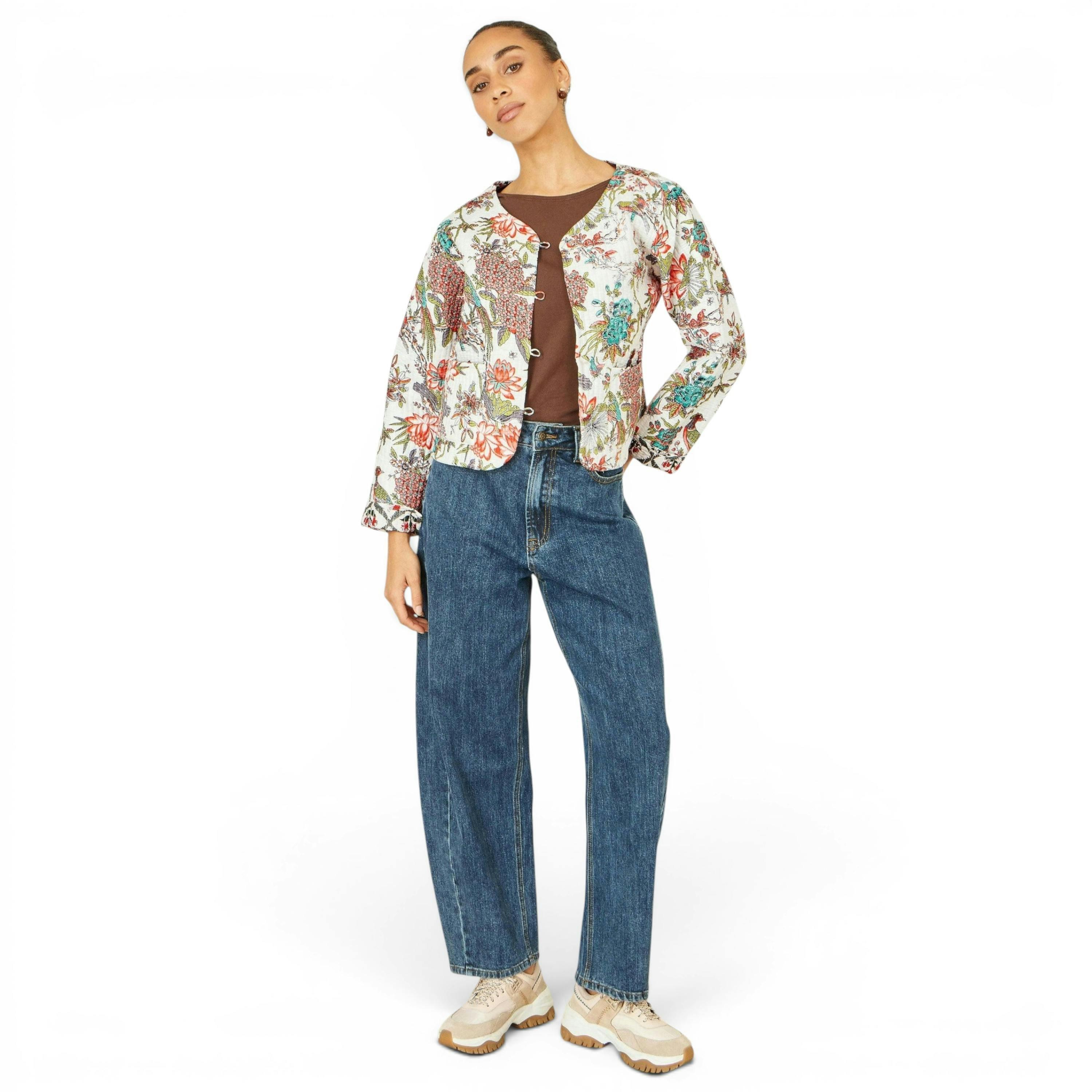 Yumi White Peacock Print Reversible Cotton Quilted Jacket , view 4 of 6
