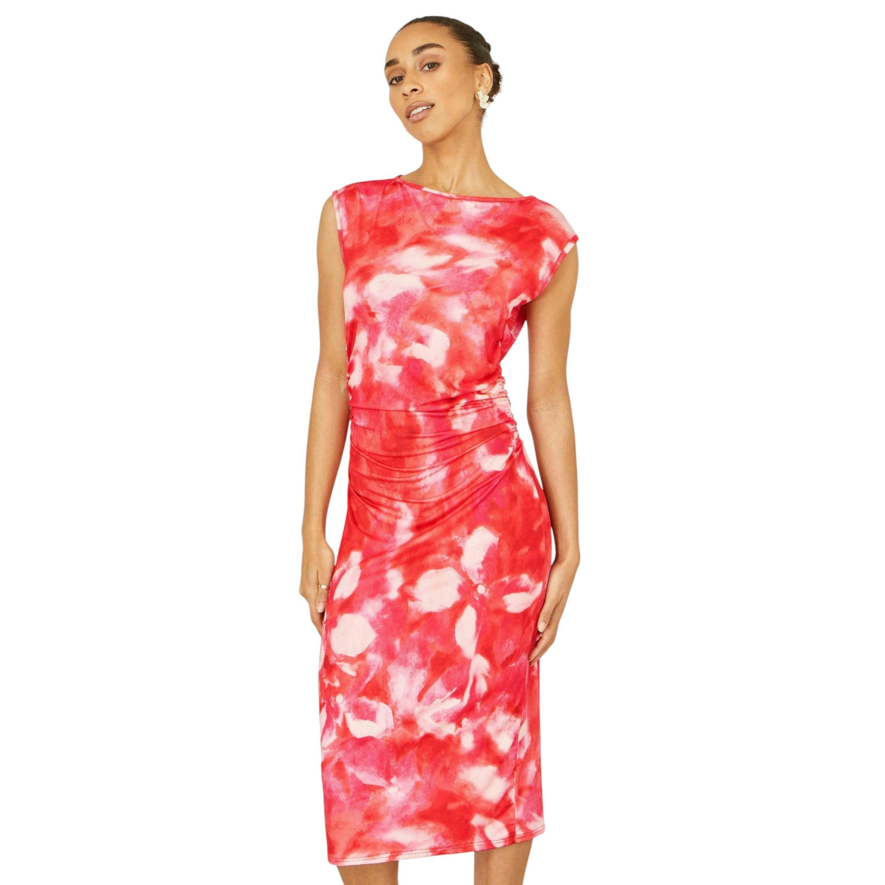 Yumi Red Mesh Ruched Bodycon Midi Dress , view 1 of 6