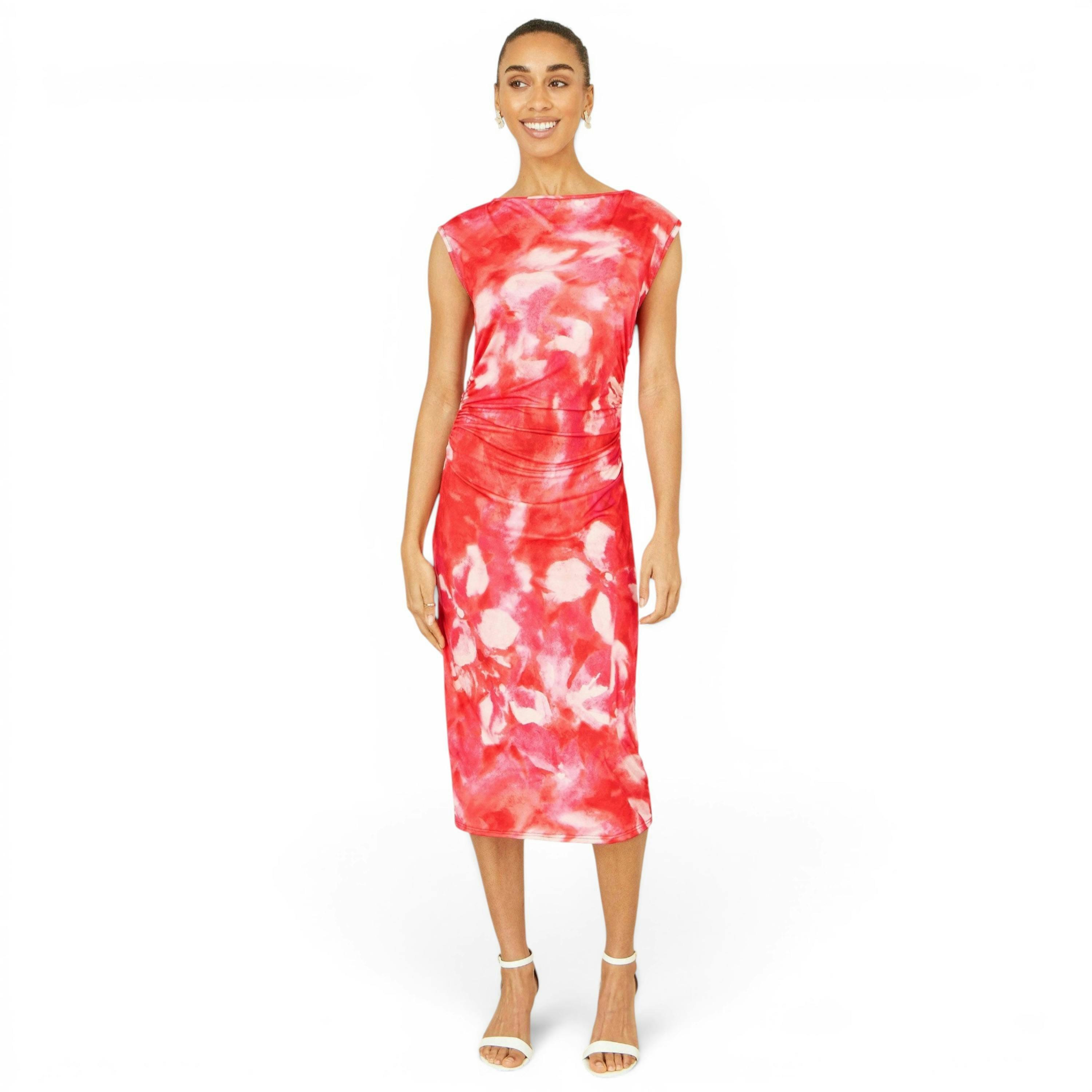 Yumi Red Mesh Ruched Bodycon Midi Dress , view 3 of 6