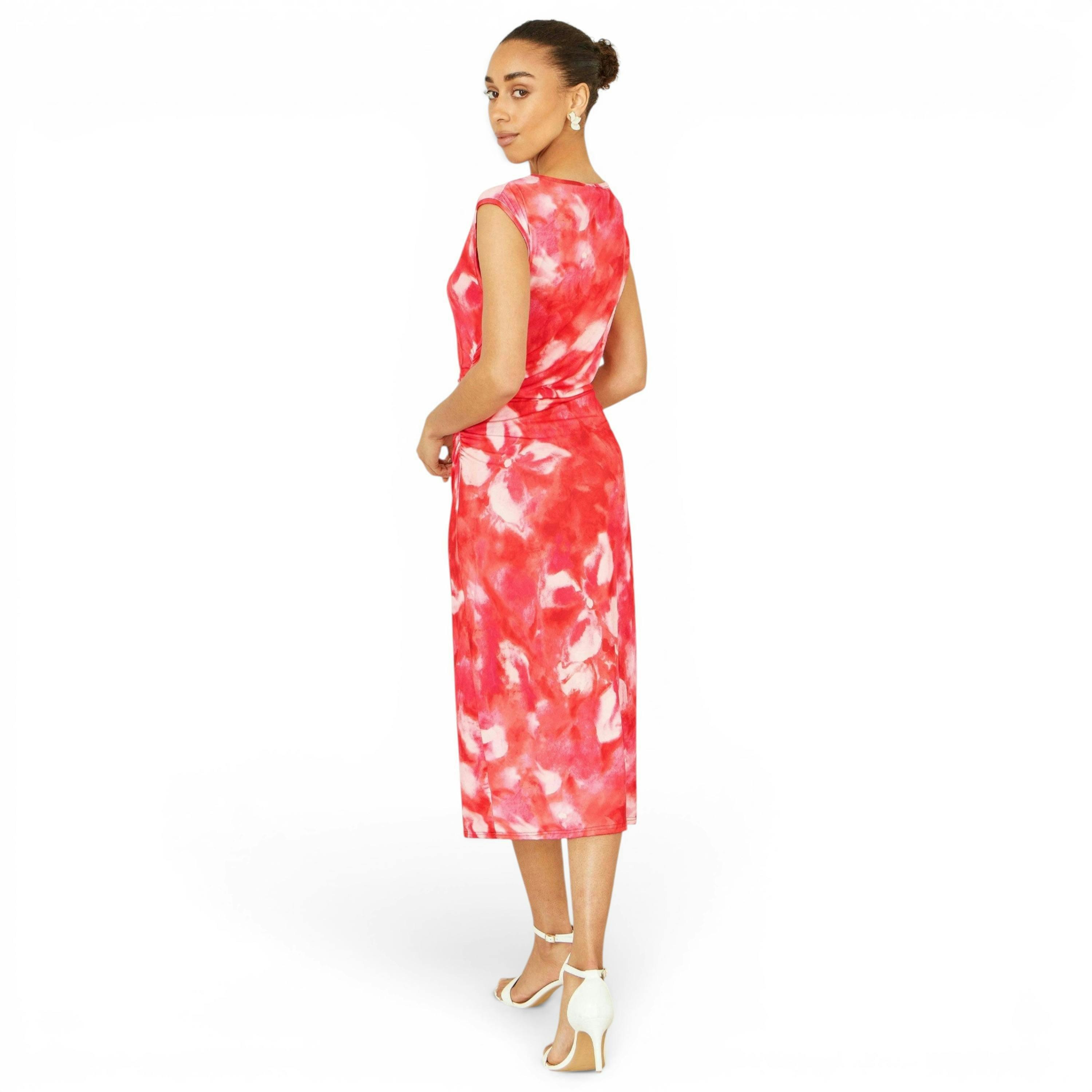 Yumi Red Mesh Ruched Bodycon Midi Dress , view 4 of 6