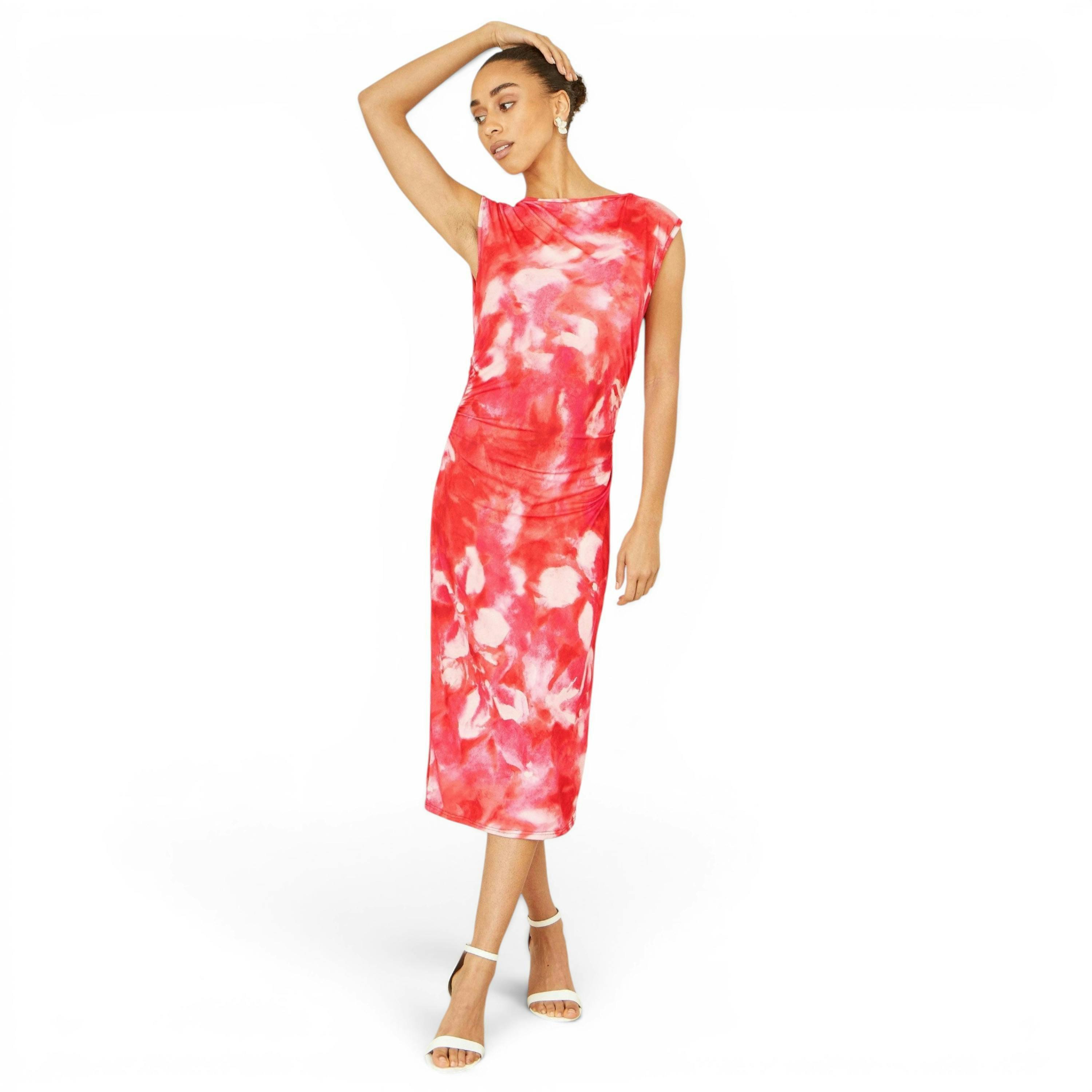 Yumi Red Mesh Ruched Bodycon Midi Dress , view 6 of 6