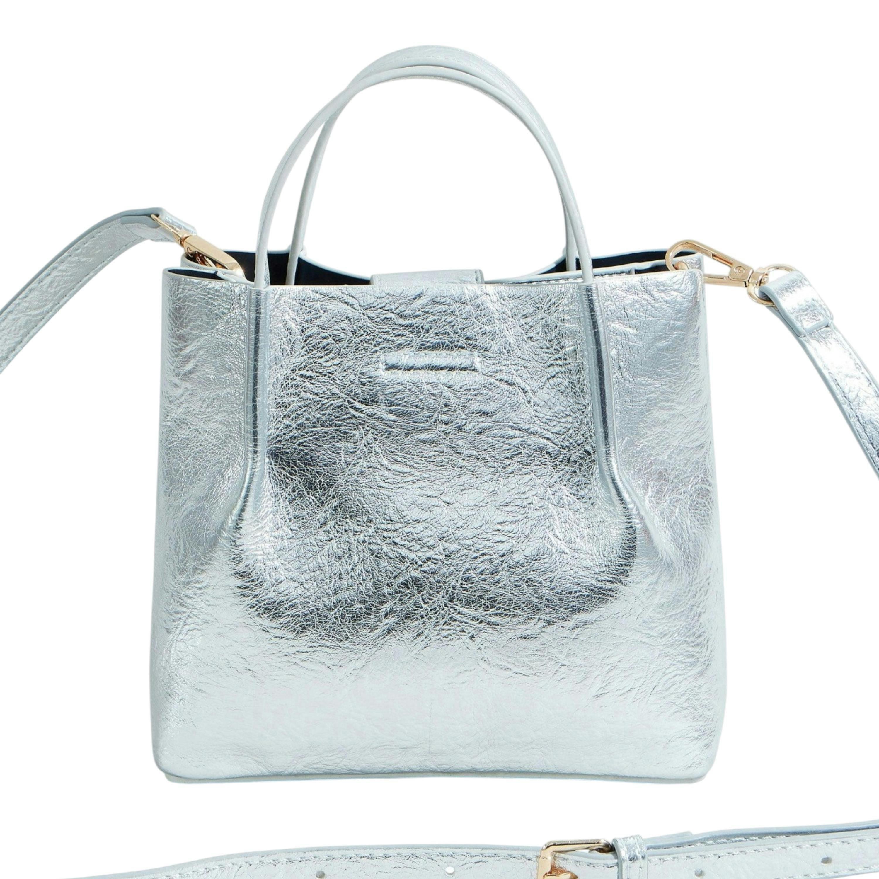 Yumi Silver Metallic Small Tote Bag , view 3 of 4