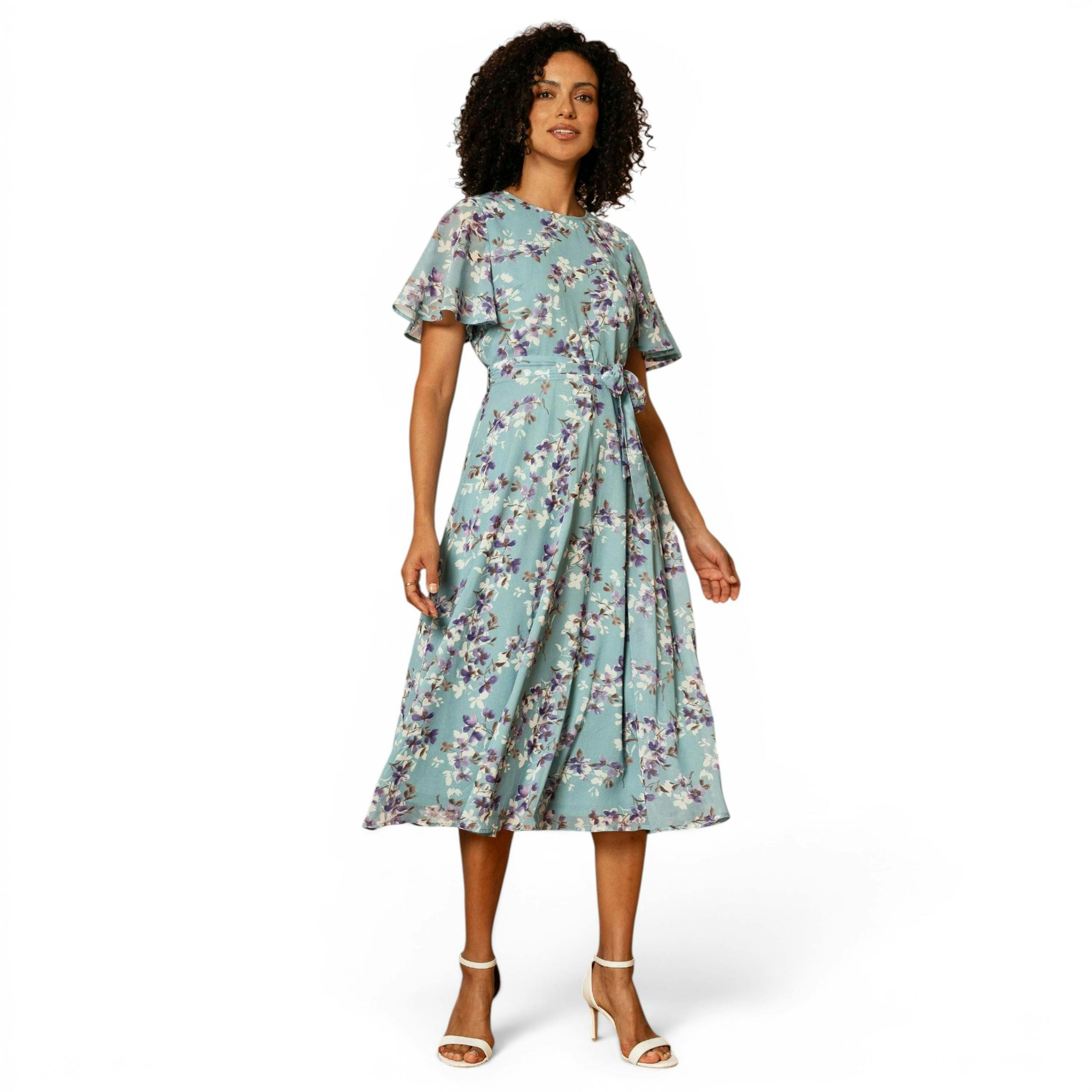Yumi Blue Blossom Skater Midi Dress With Angel Sleeves , view 1 of 6