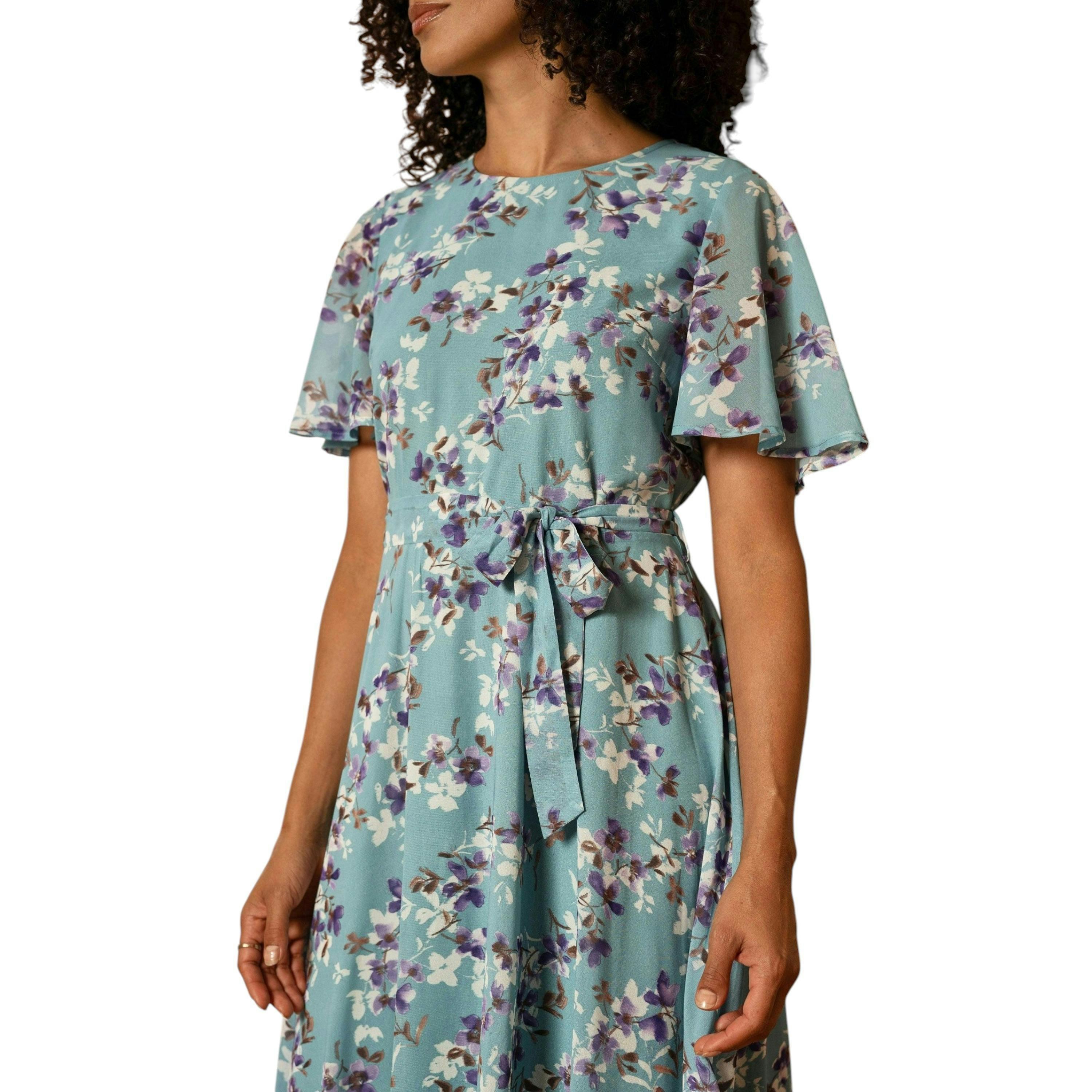 Yumi Blue Blossom Skater Midi Dress With Angel Sleeves , view 2 of 6