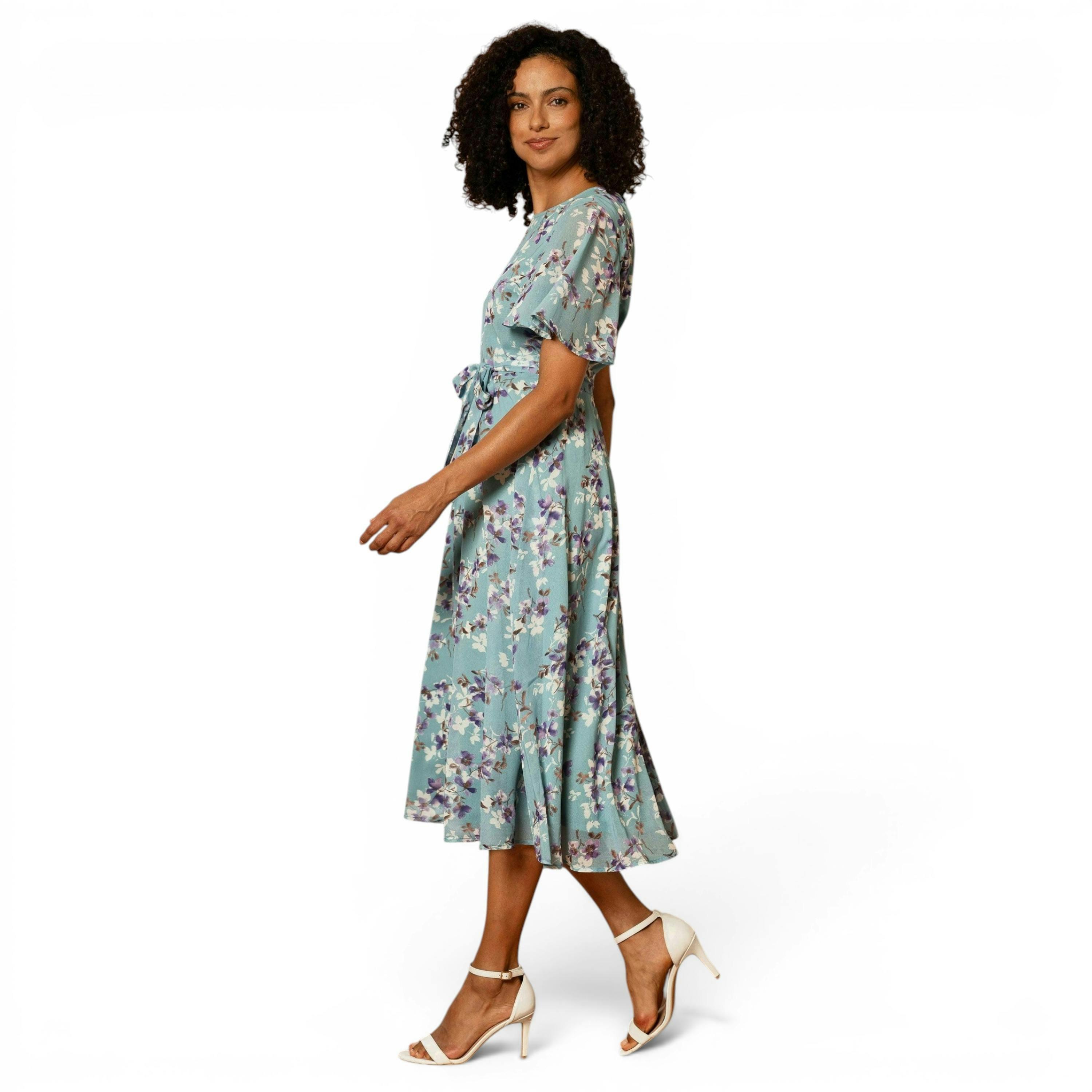 Yumi Blue Blossom Skater Midi Dress With Angel Sleeves , view 3 of 6