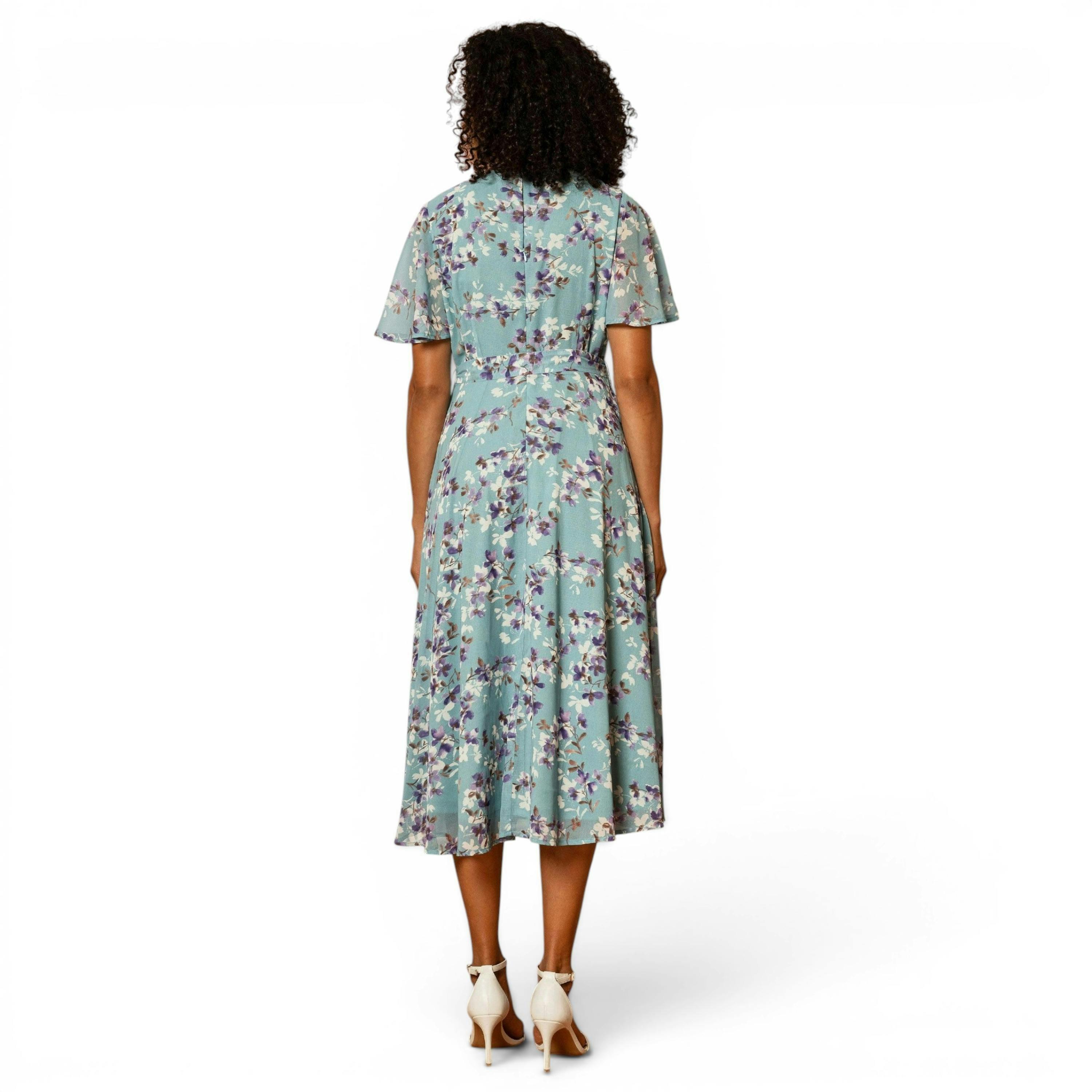 Yumi Blue Blossom Skater Midi Dress With Angel Sleeves , view 4 of 6