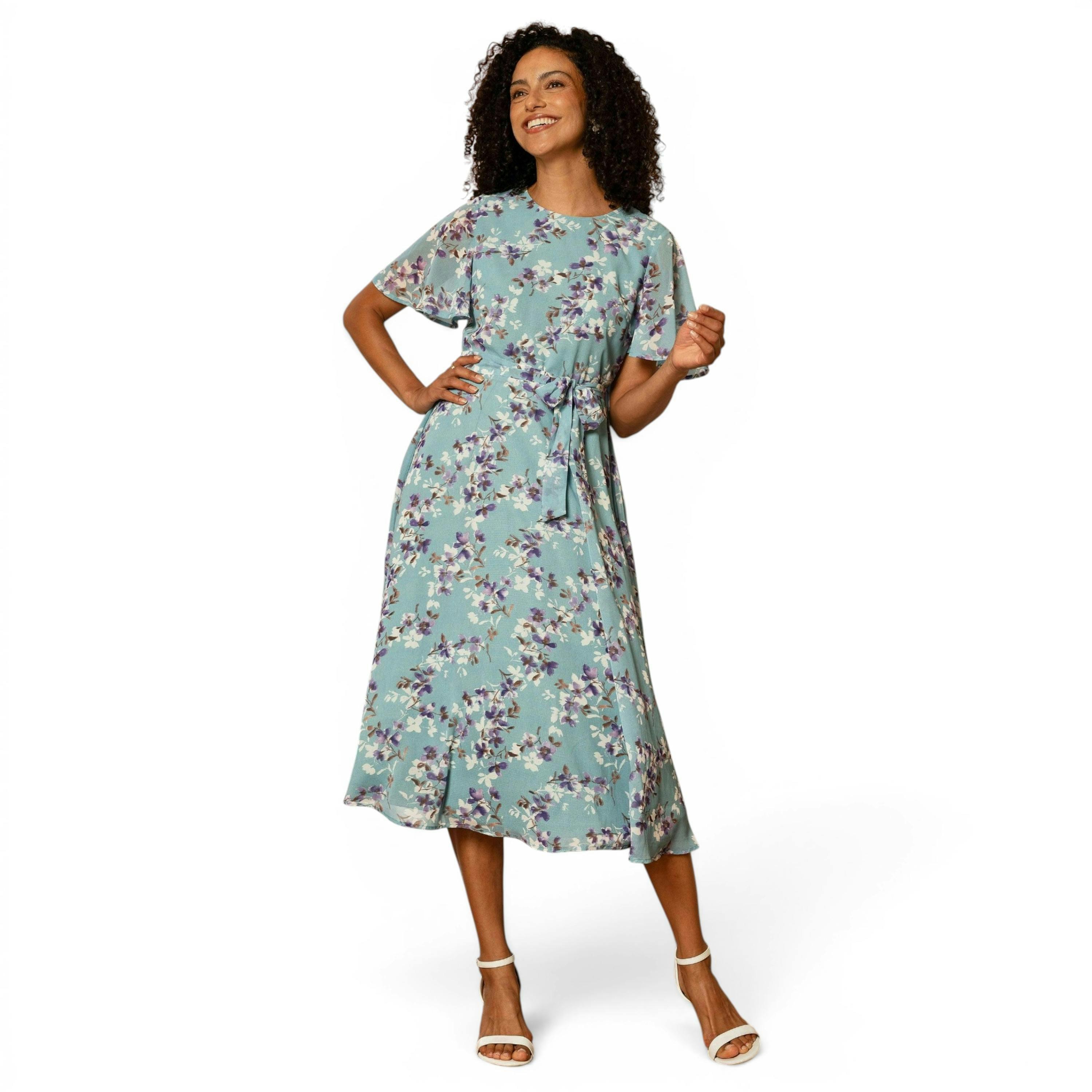 Yumi Blue Blossom Skater Midi Dress With Angel Sleeves , view 5 of 6
