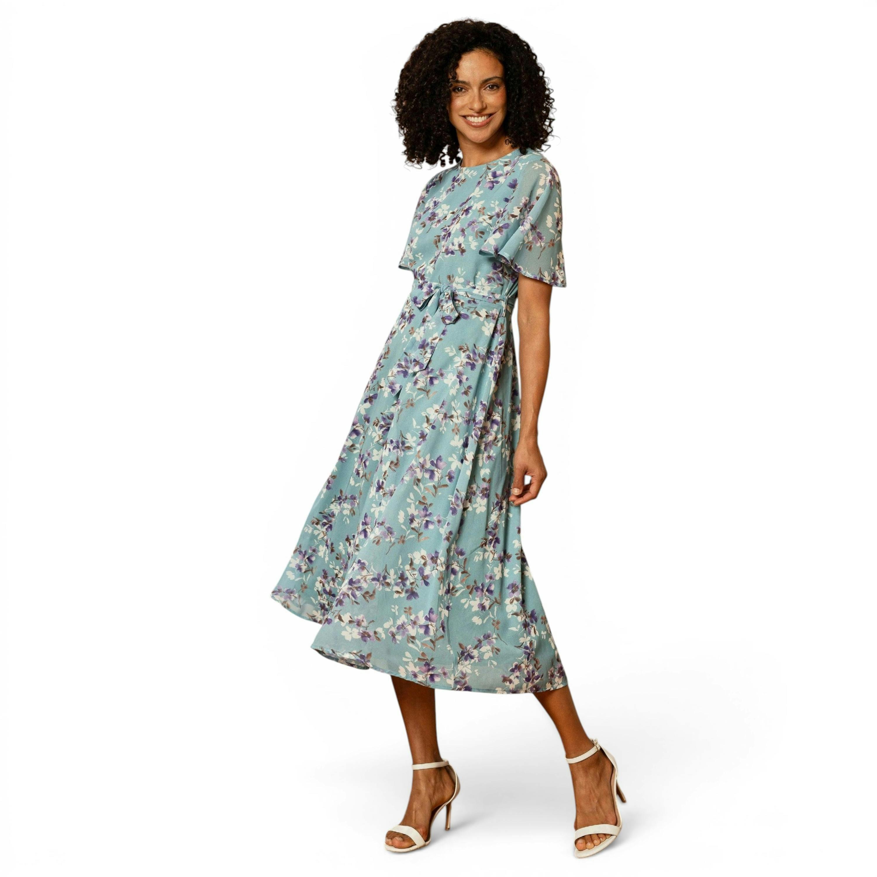 Yumi Blue Blossom Skater Midi Dress With Angel Sleeves , view 6 of 6