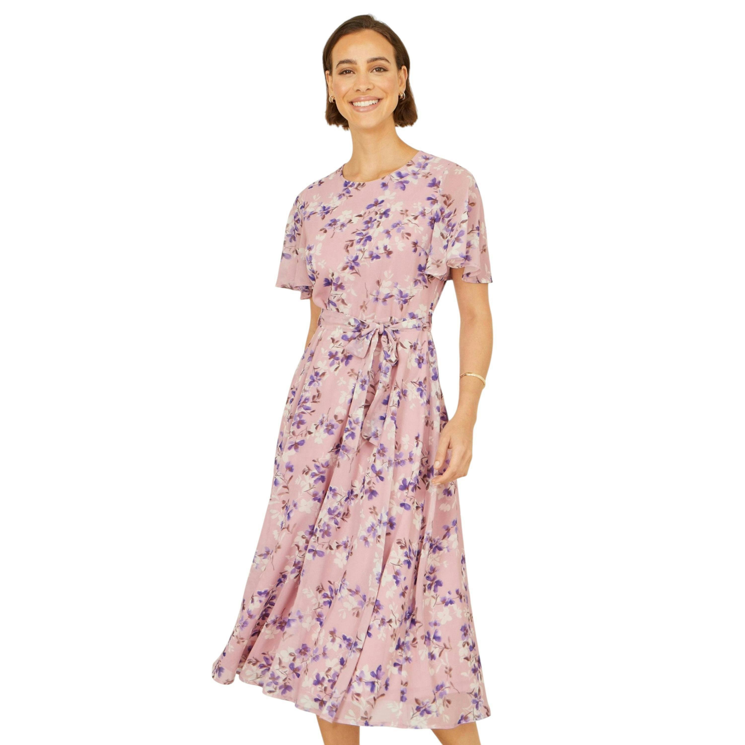 Yumi Pink Blossom Skater Midi Dress With Angel Sleeves , view 1 of 6