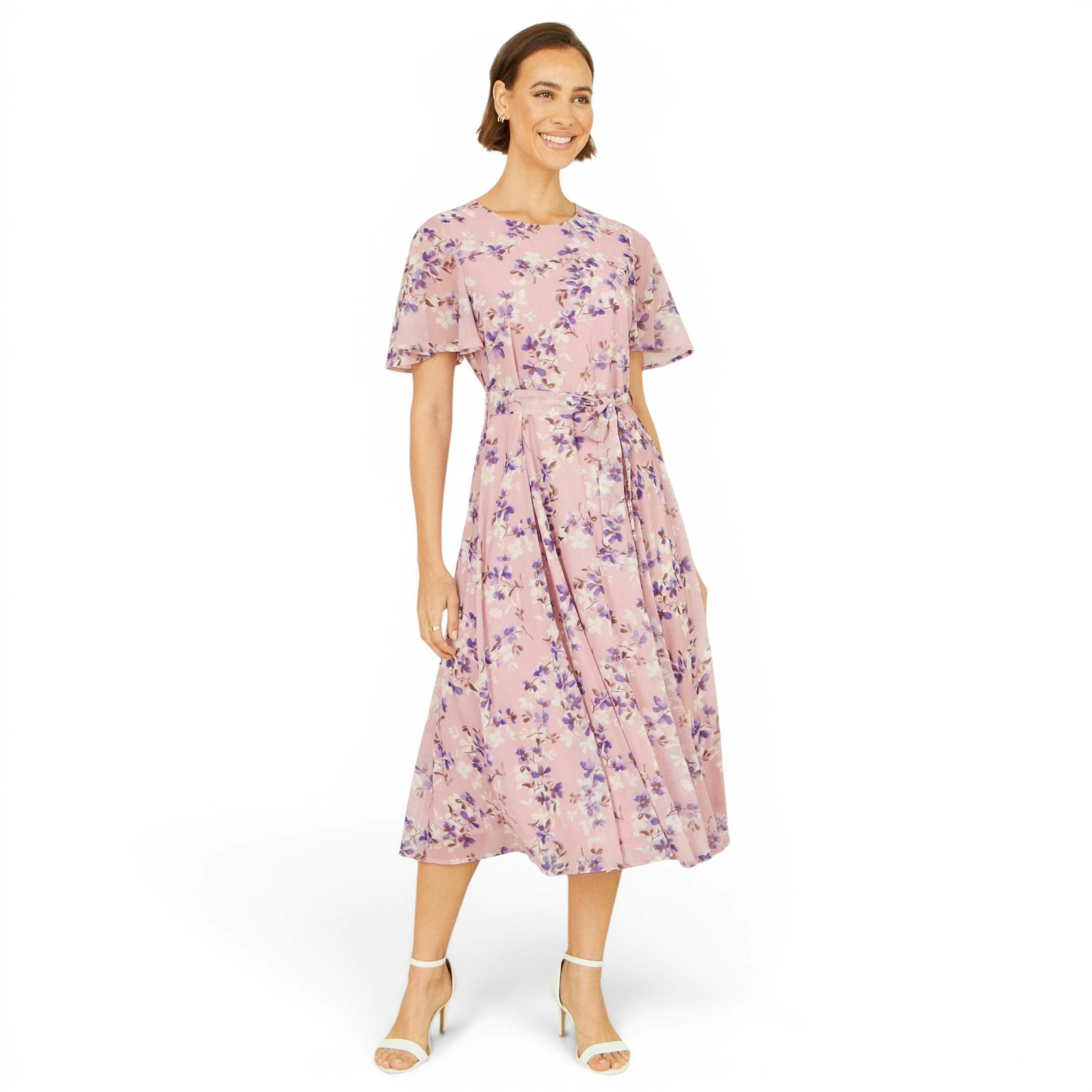 Yumi Pink Blossom Skater Midi Dress With Angel Sleeves , view 2 of 6