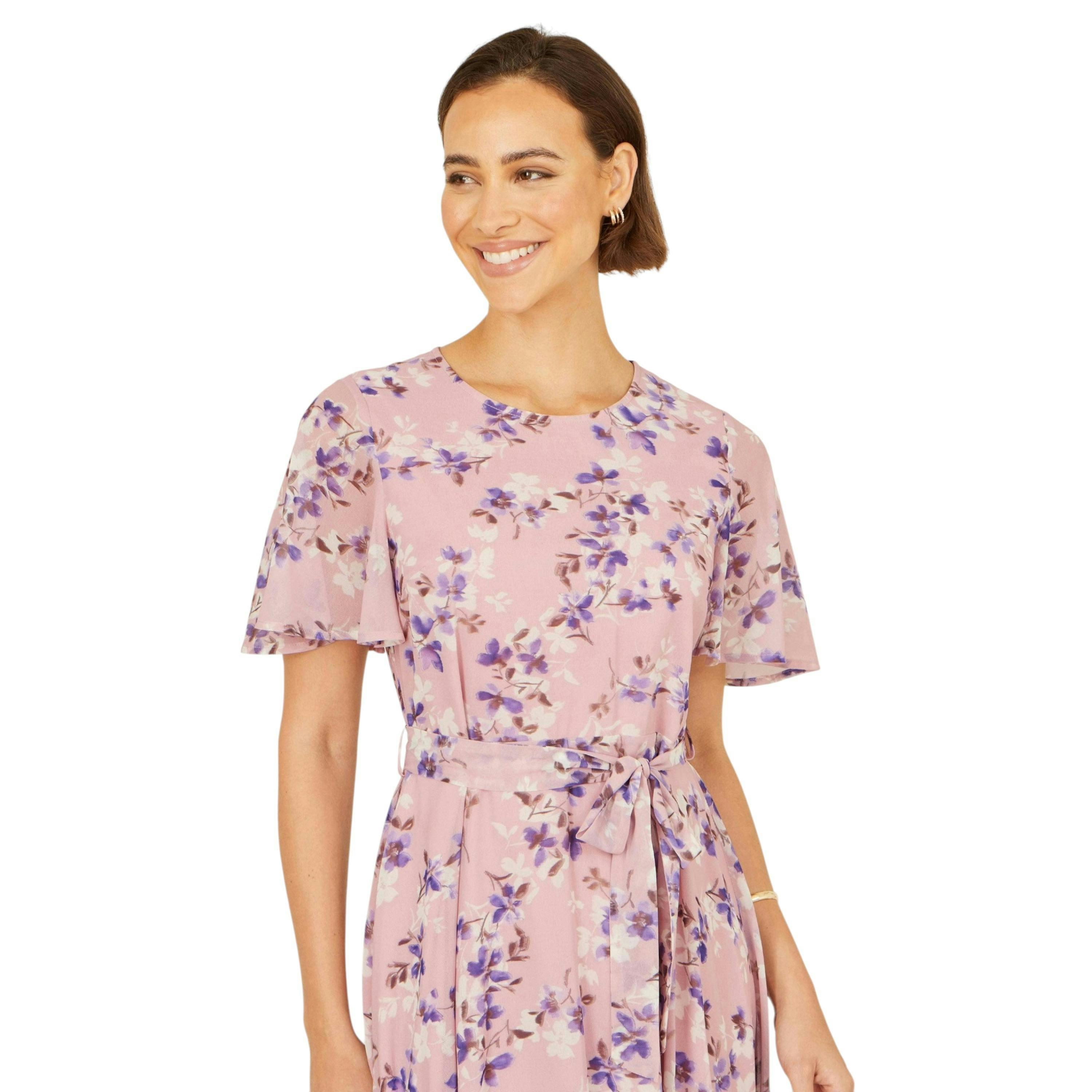 Yumi Pink Blossom Skater Midi Dress With Angel Sleeves , view 3 of 6