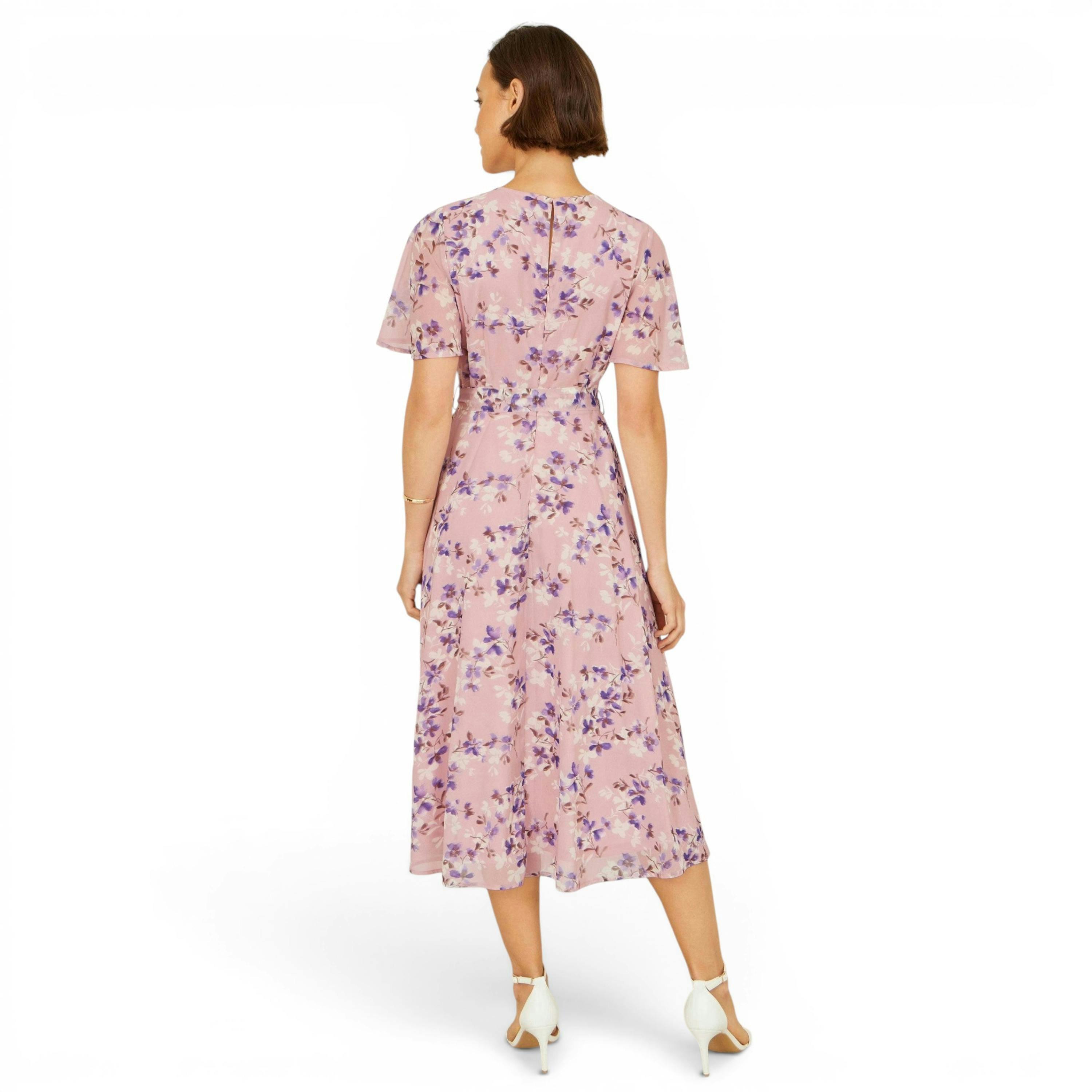 Yumi Pink Blossom Skater Midi Dress With Angel Sleeves , view 4 of 6