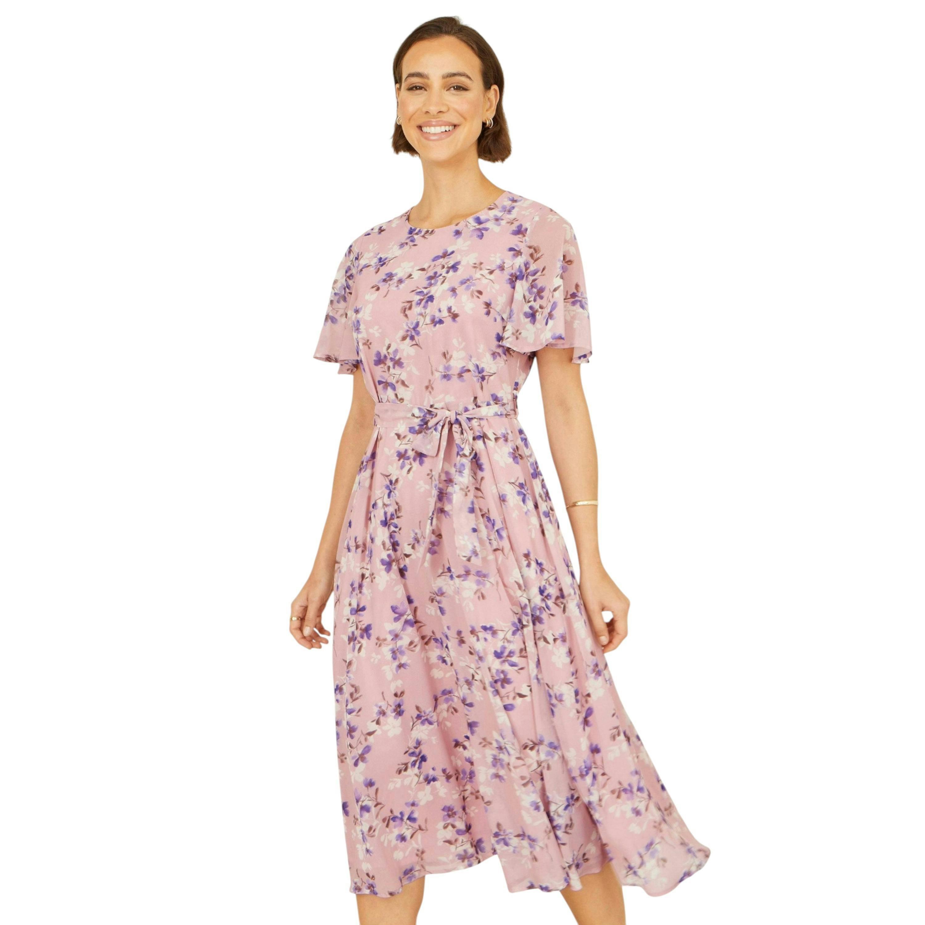 Yumi Pink Blossom Skater Midi Dress With Angel Sleeves , view 5 of 6