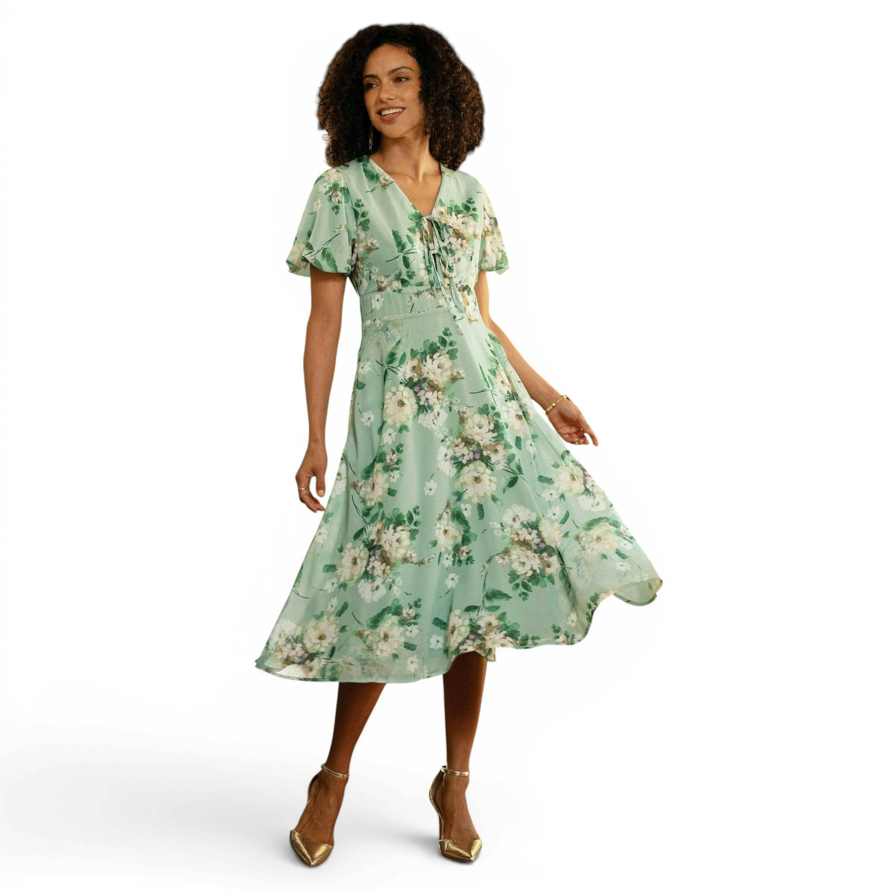Yumi Mint Floral Tea Dress With Front Ties , view 1 of 6