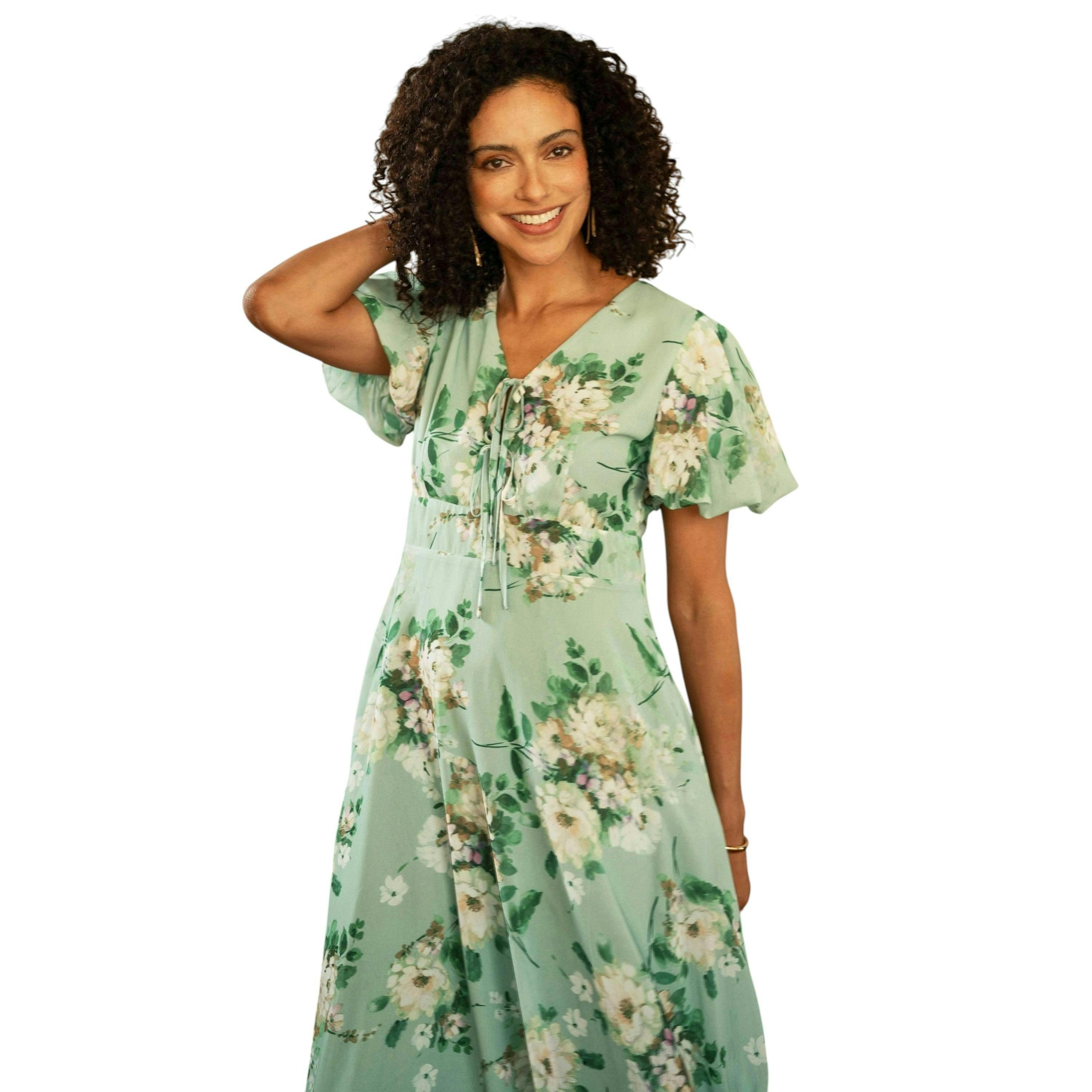 Yumi Mint Floral Tea Dress With Front Ties , view 2 of 6