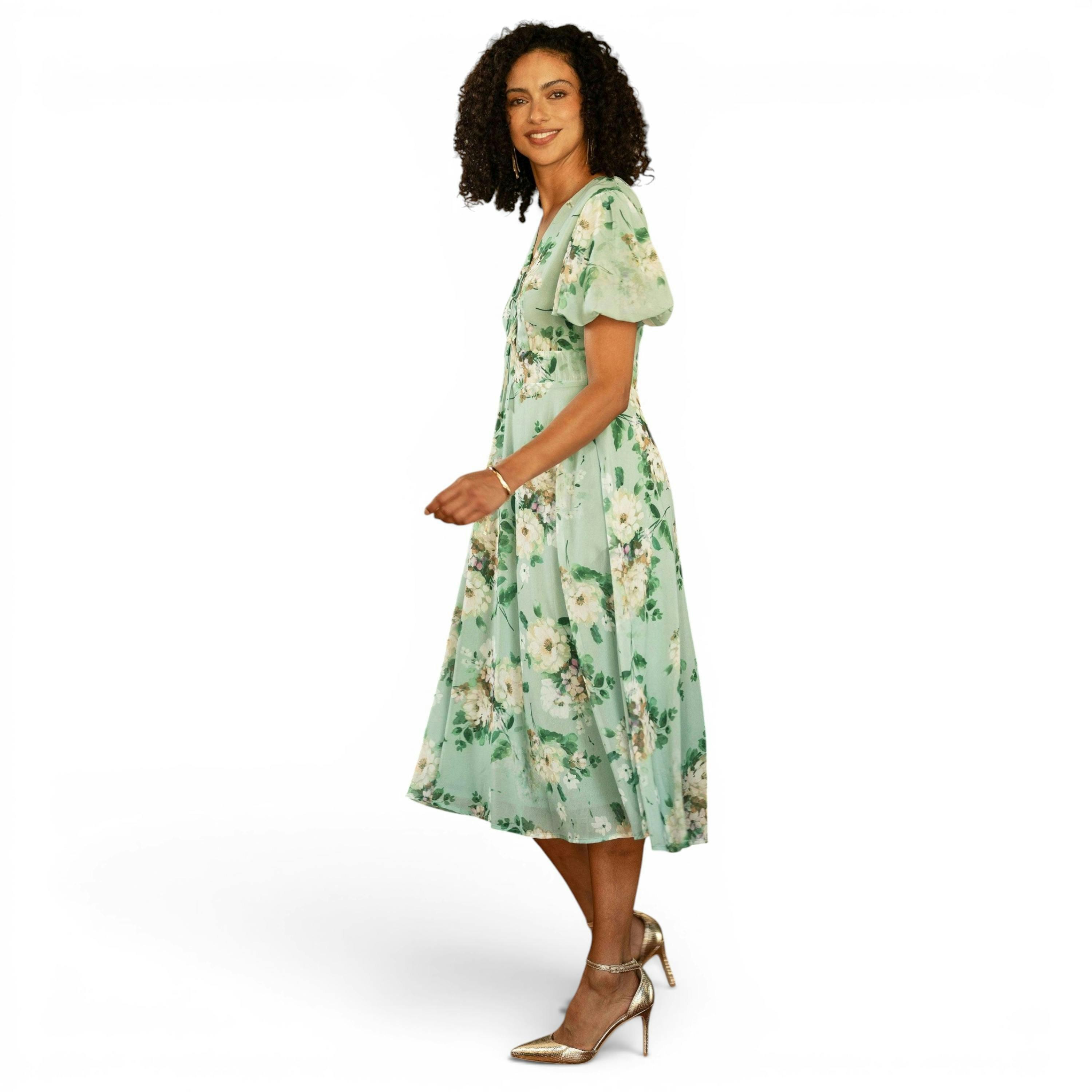 Yumi Mint Floral Tea Dress With Front Ties , view 3 of 6