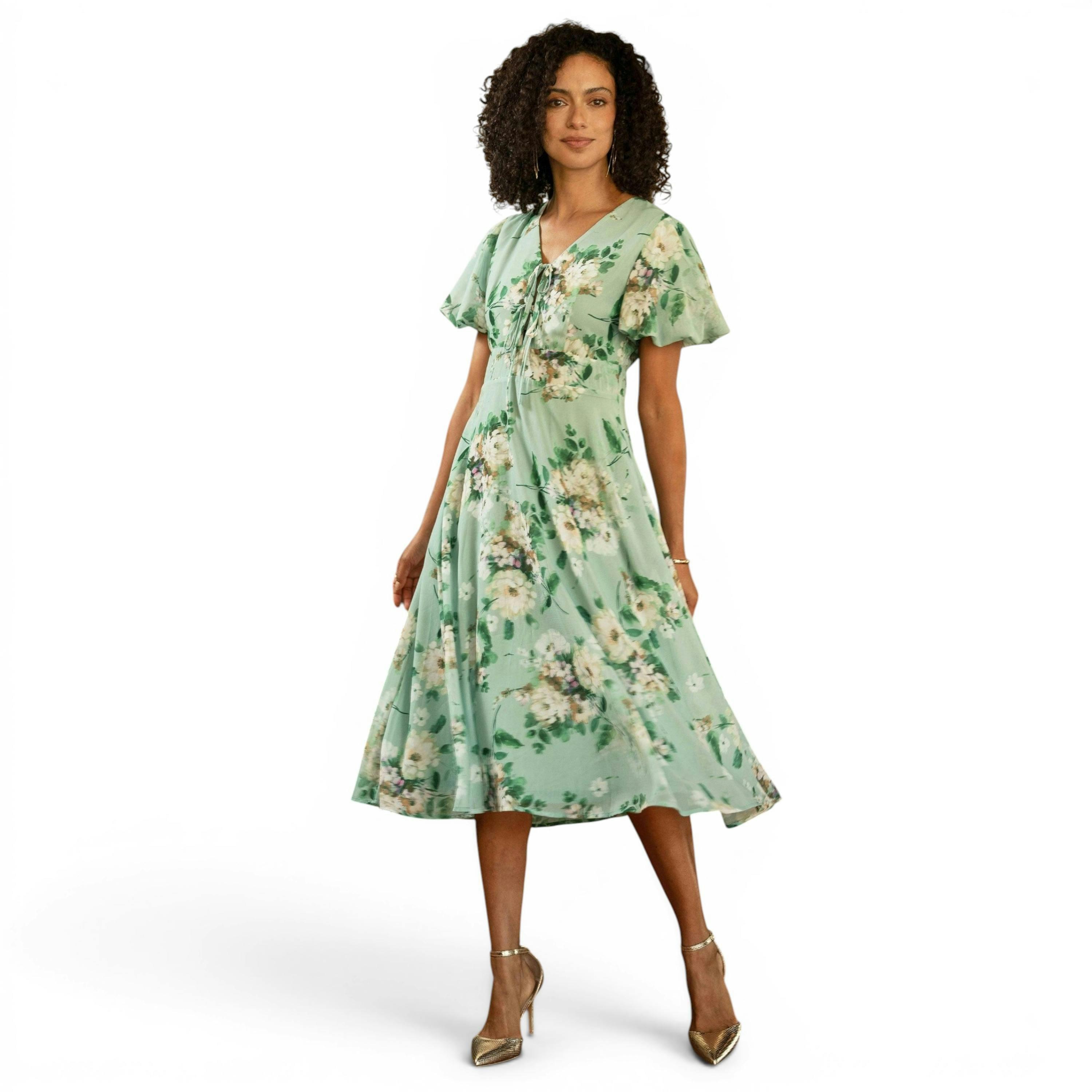 Yumi Mint Floral Tea Dress With Front Ties , view 5 of 6
