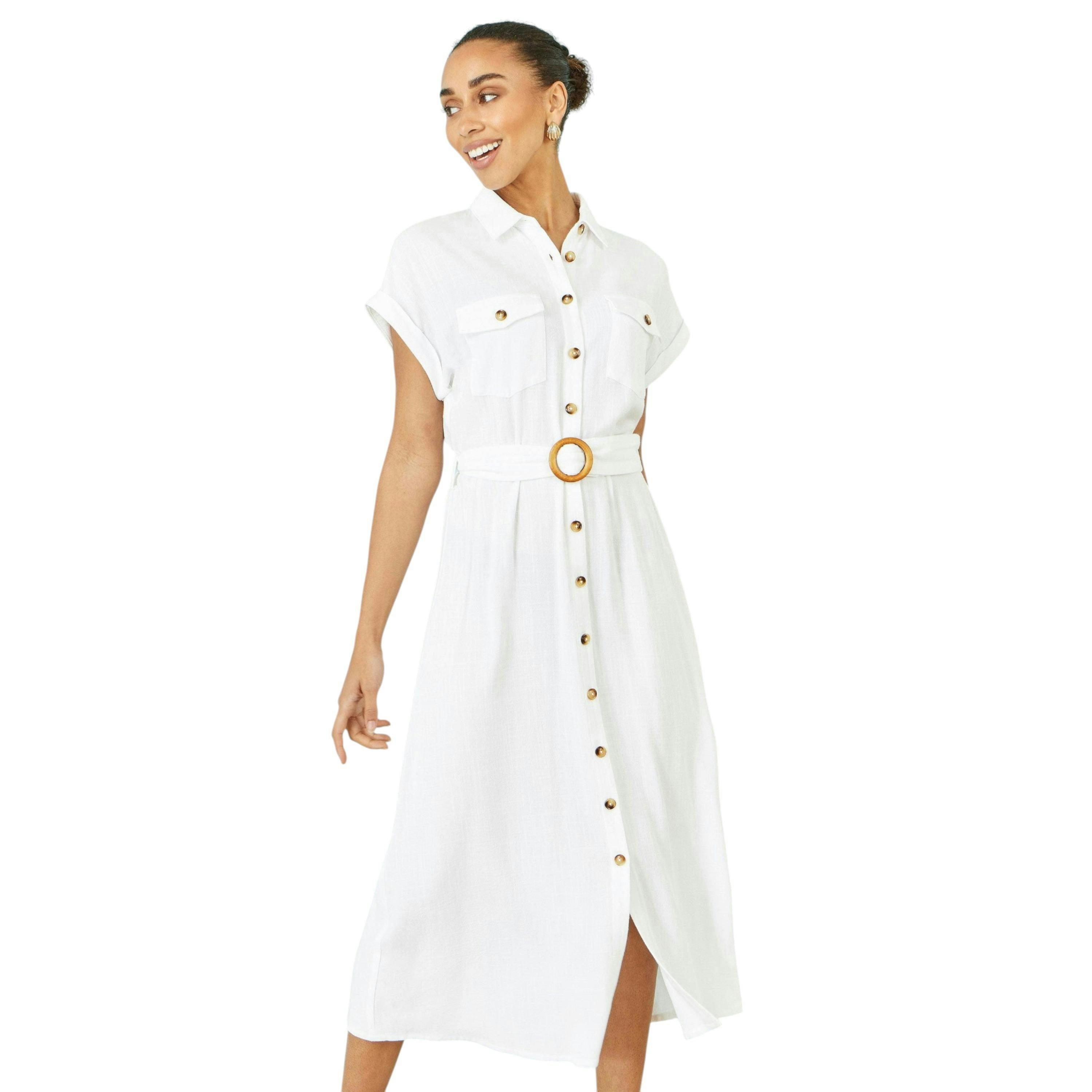 Yumi White Viscose Linen Look Midi Shirt Dress With Wooden Belt , view 1 of 6