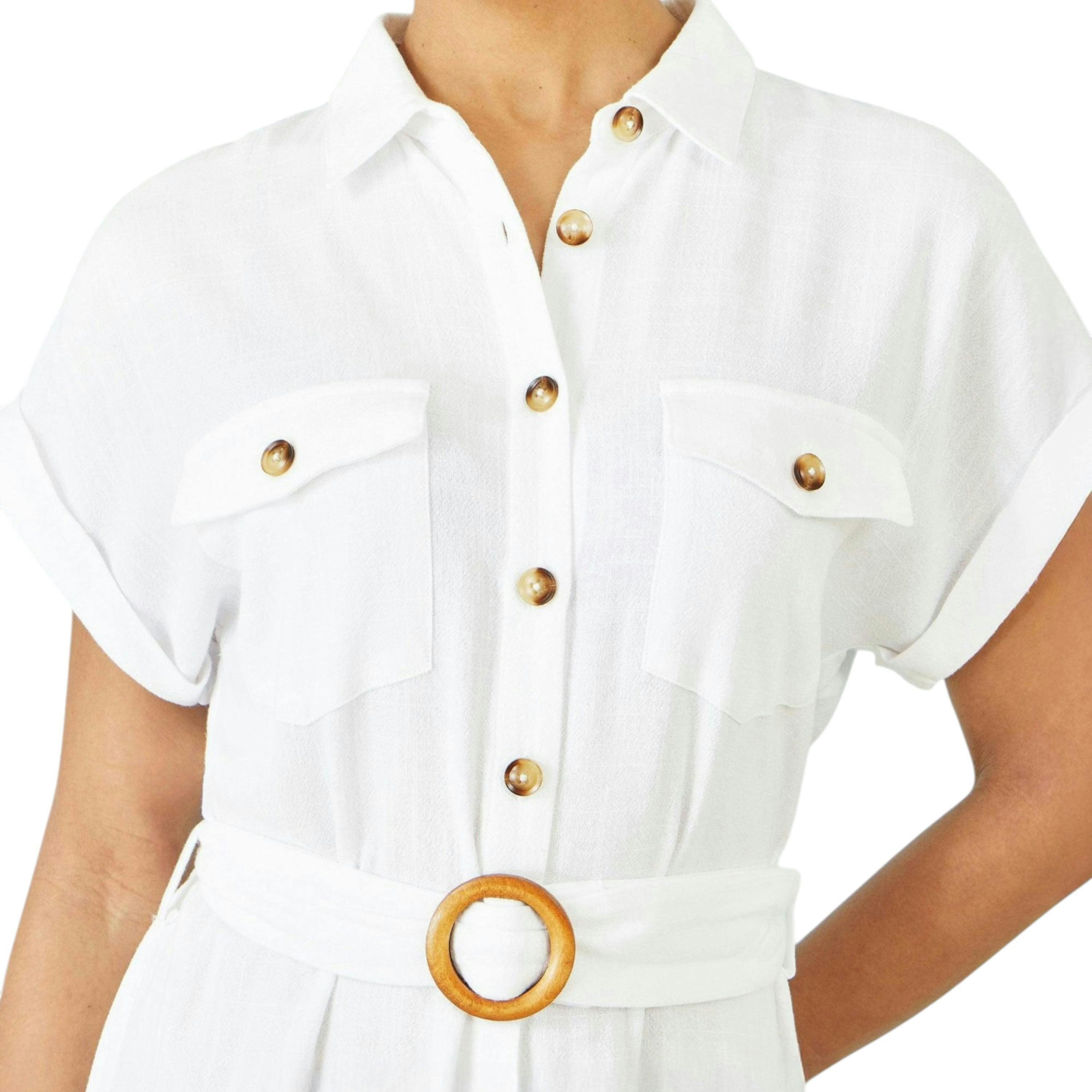 Yumi White Viscose Linen Look Midi Shirt Dress With Wooden Belt , view 2 of 6