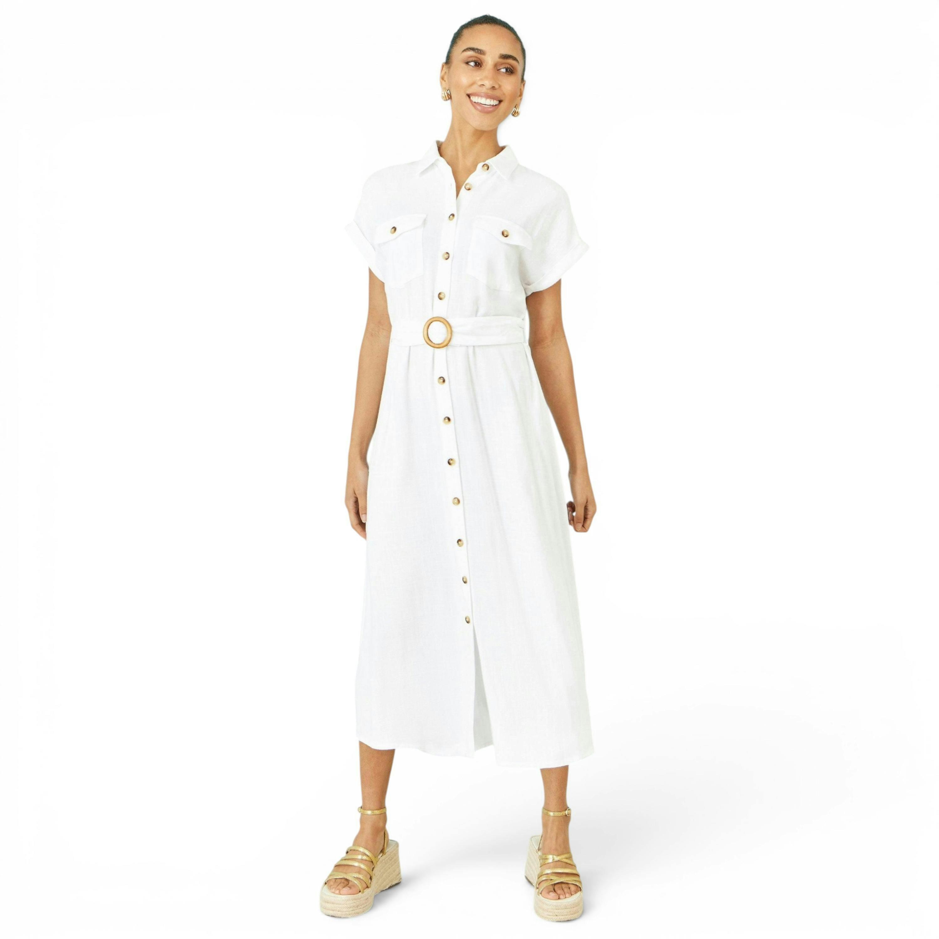 Yumi White Viscose Linen Look Midi Shirt Dress With Wooden Belt , view 3 of 6