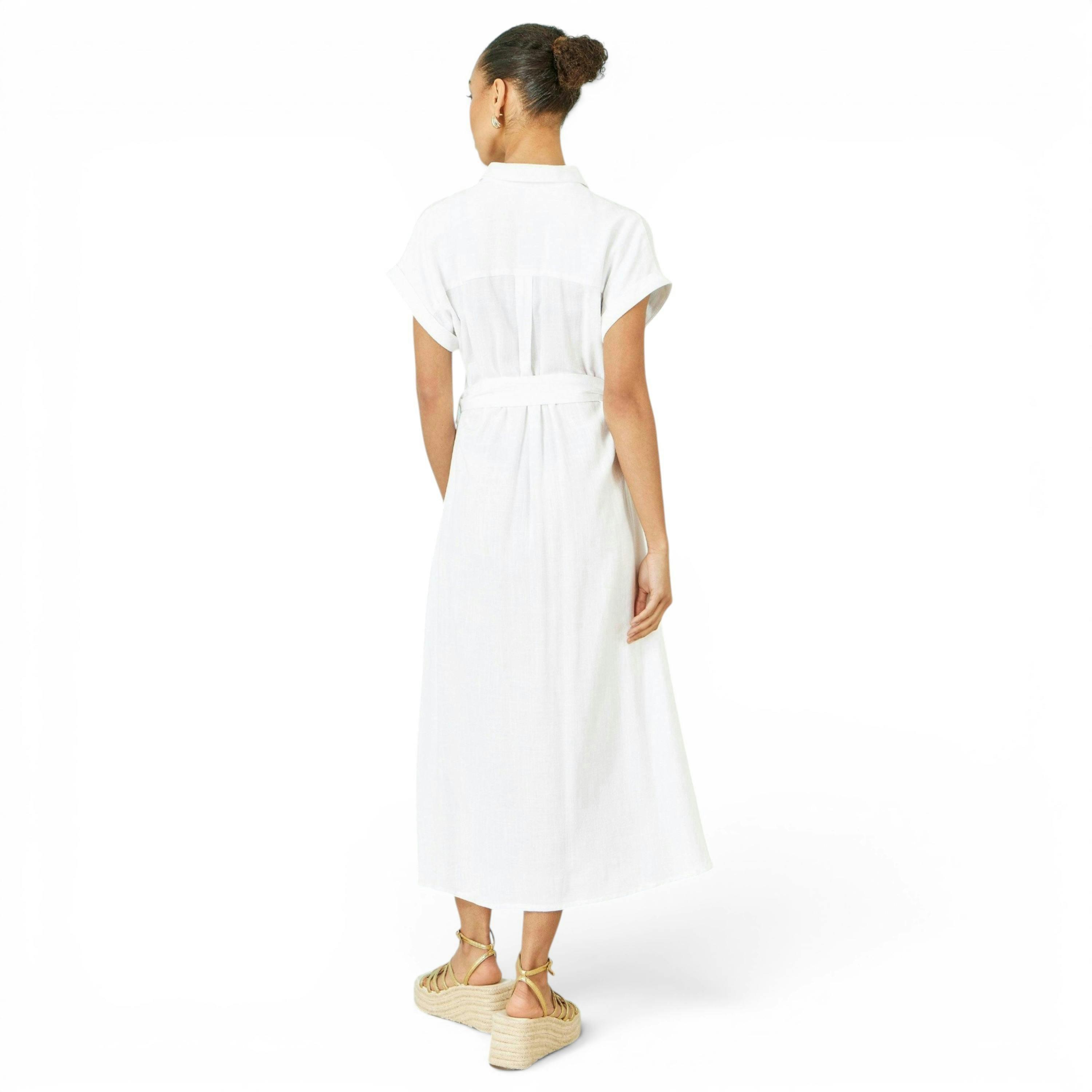 Yumi White Viscose Linen Look Midi Shirt Dress With Wooden Belt , view 4 of 6