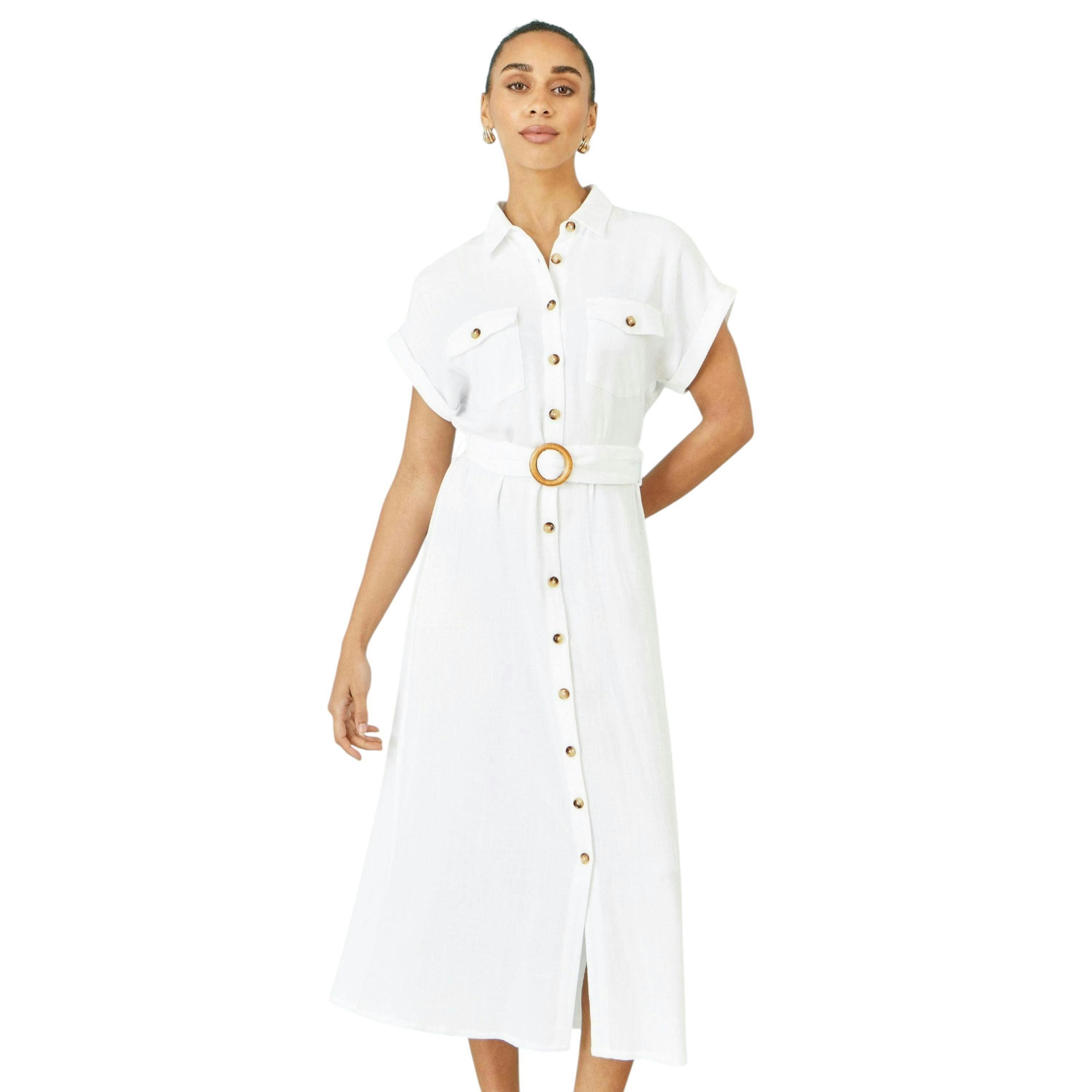 Yumi White Viscose Linen Look Midi Shirt Dress With Wooden Belt , view 5 of 6