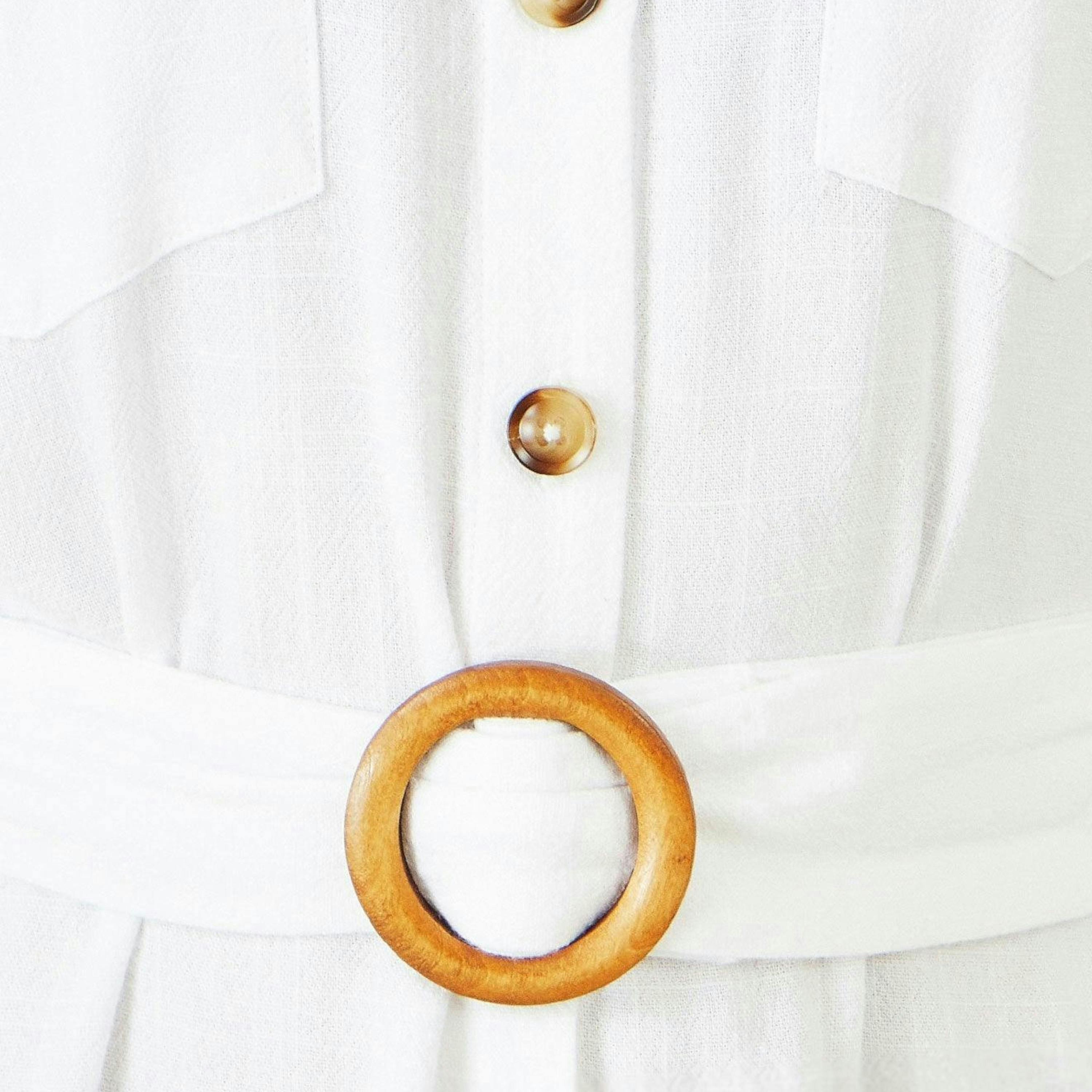 Yumi White Viscose Linen Look Midi Shirt Dress With Wooden Belt , view 6 of 6