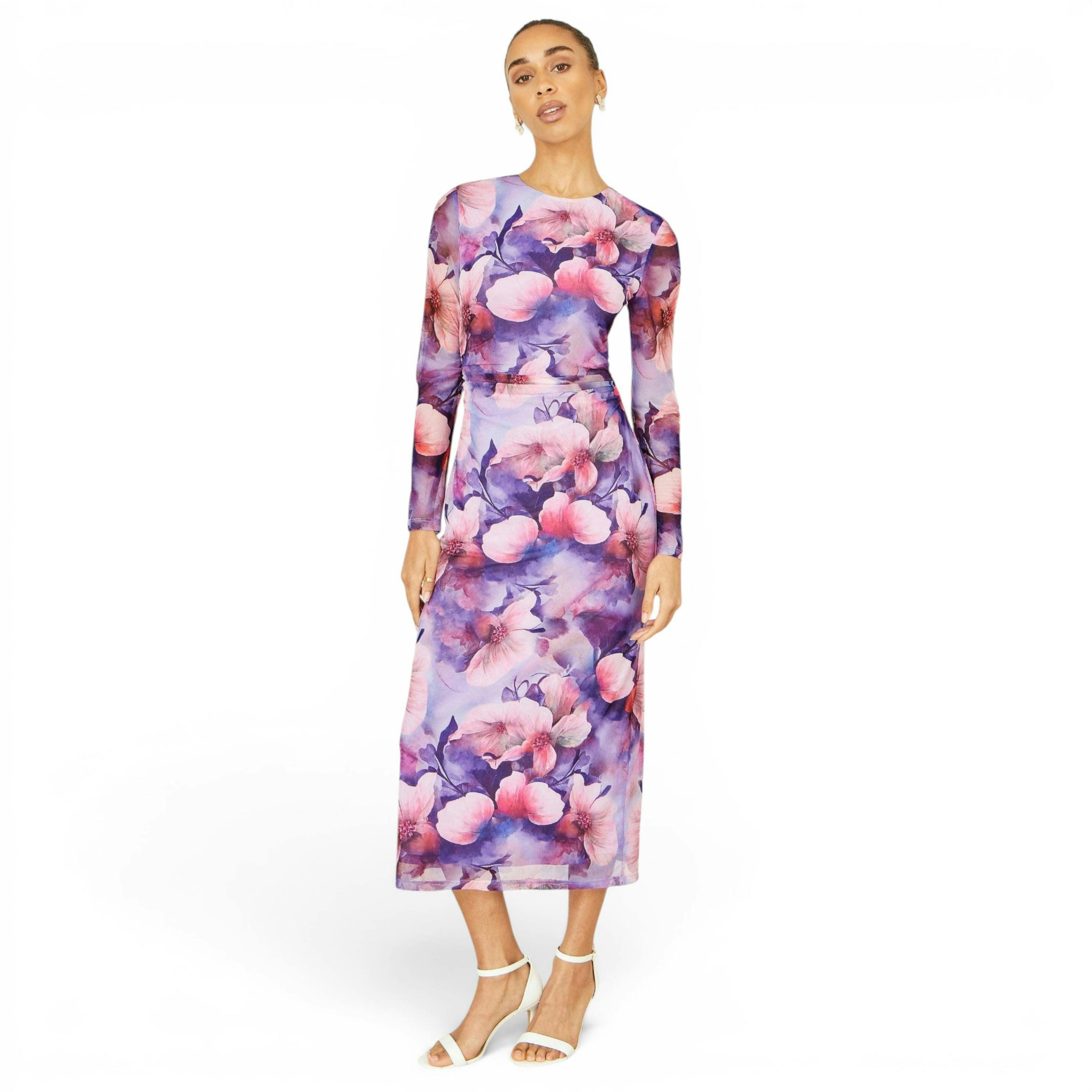 Yumi Purple Floral Mesh Midi Dress With Tie Back , view 1 of 6
