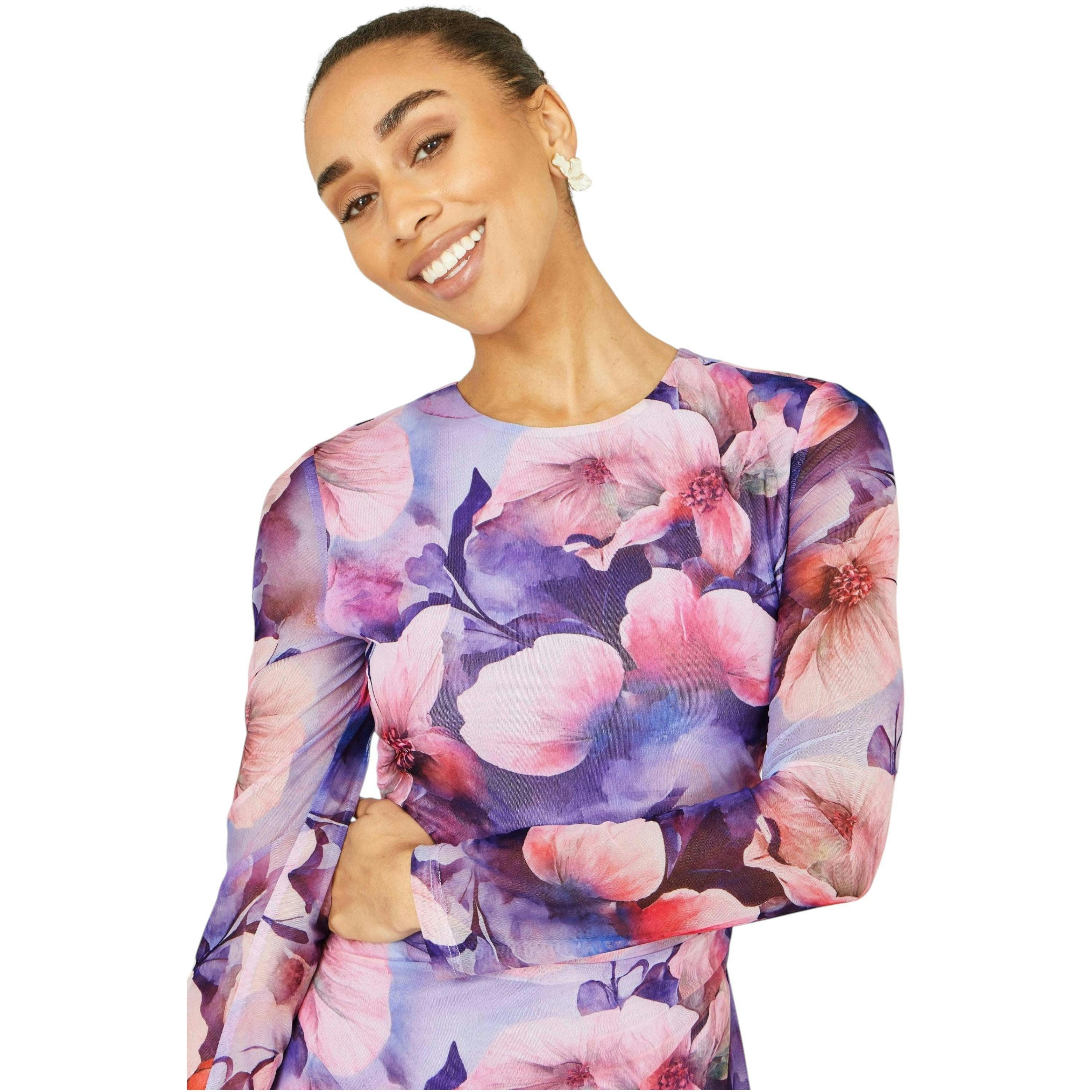Yumi Purple Floral Mesh Midi Dress With Tie Back , view 2 of 6