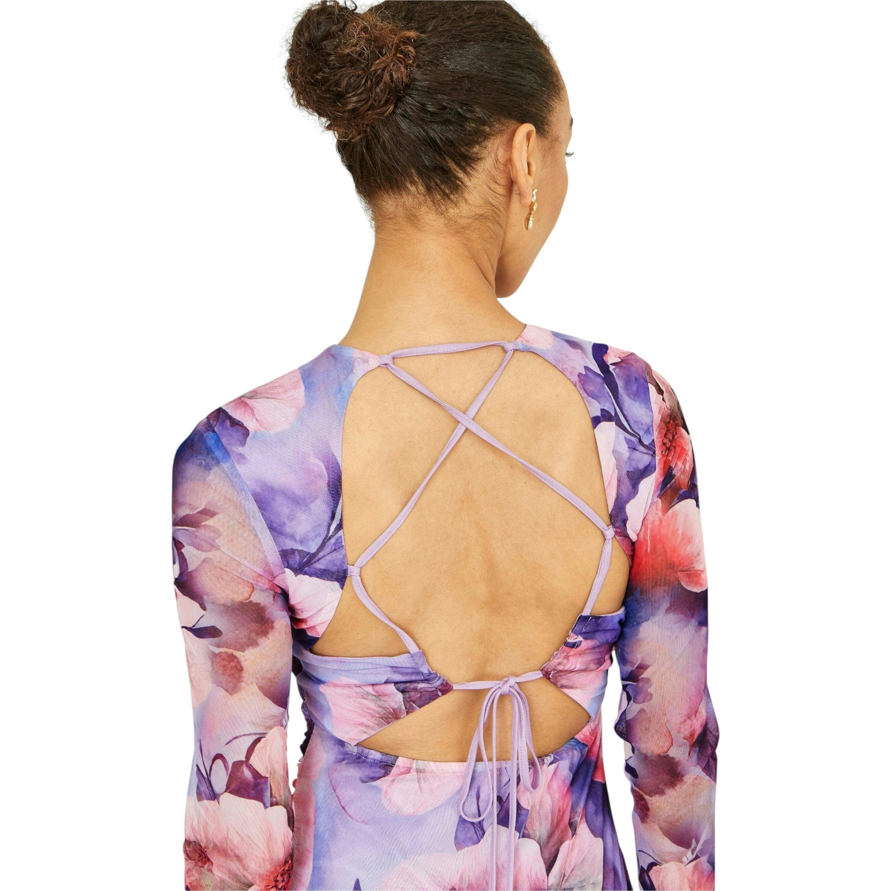Yumi Purple Floral Mesh Midi Dress With Tie Back , view 3 of 6