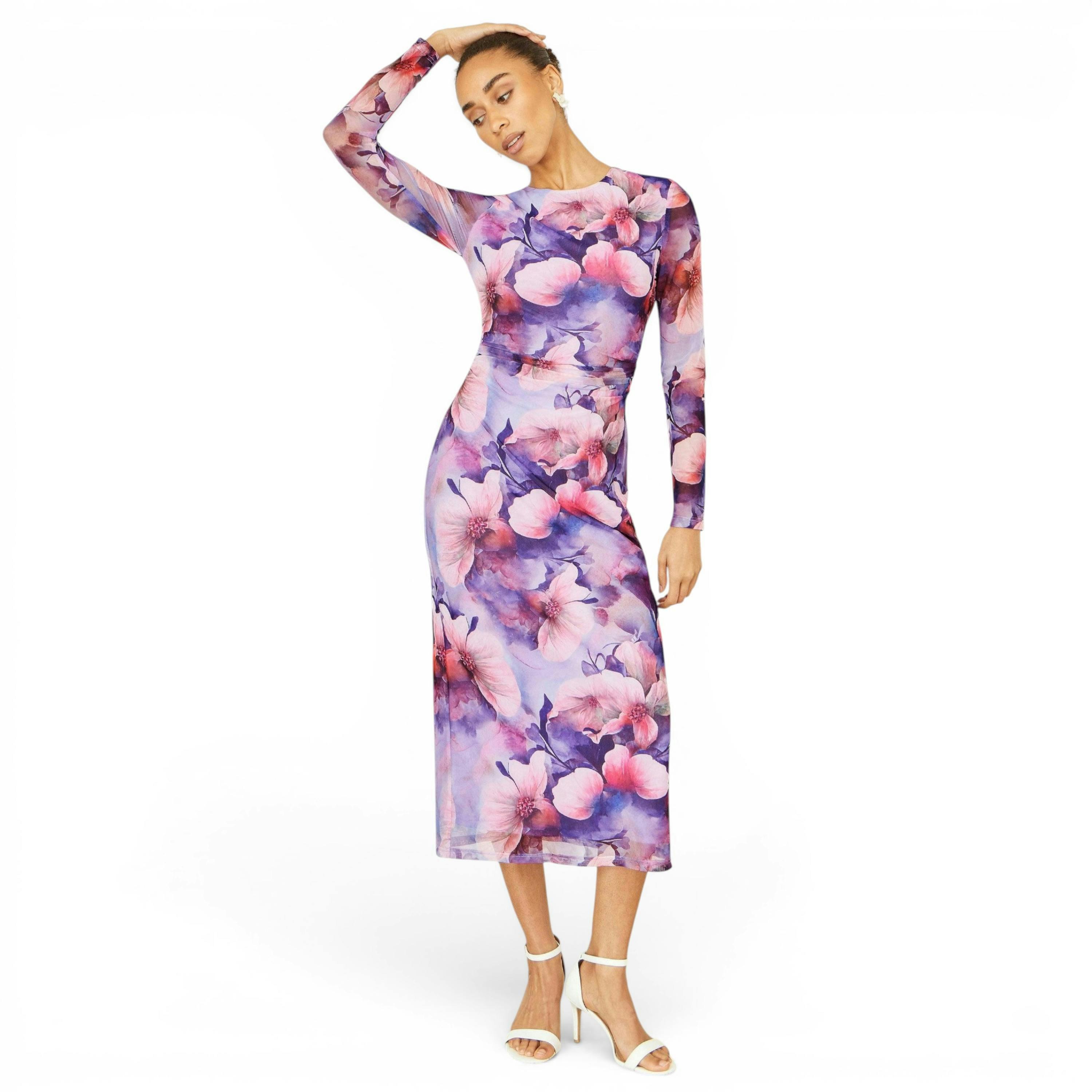 Yumi Purple Floral Mesh Midi Dress With Tie Back , view 4 of 6
