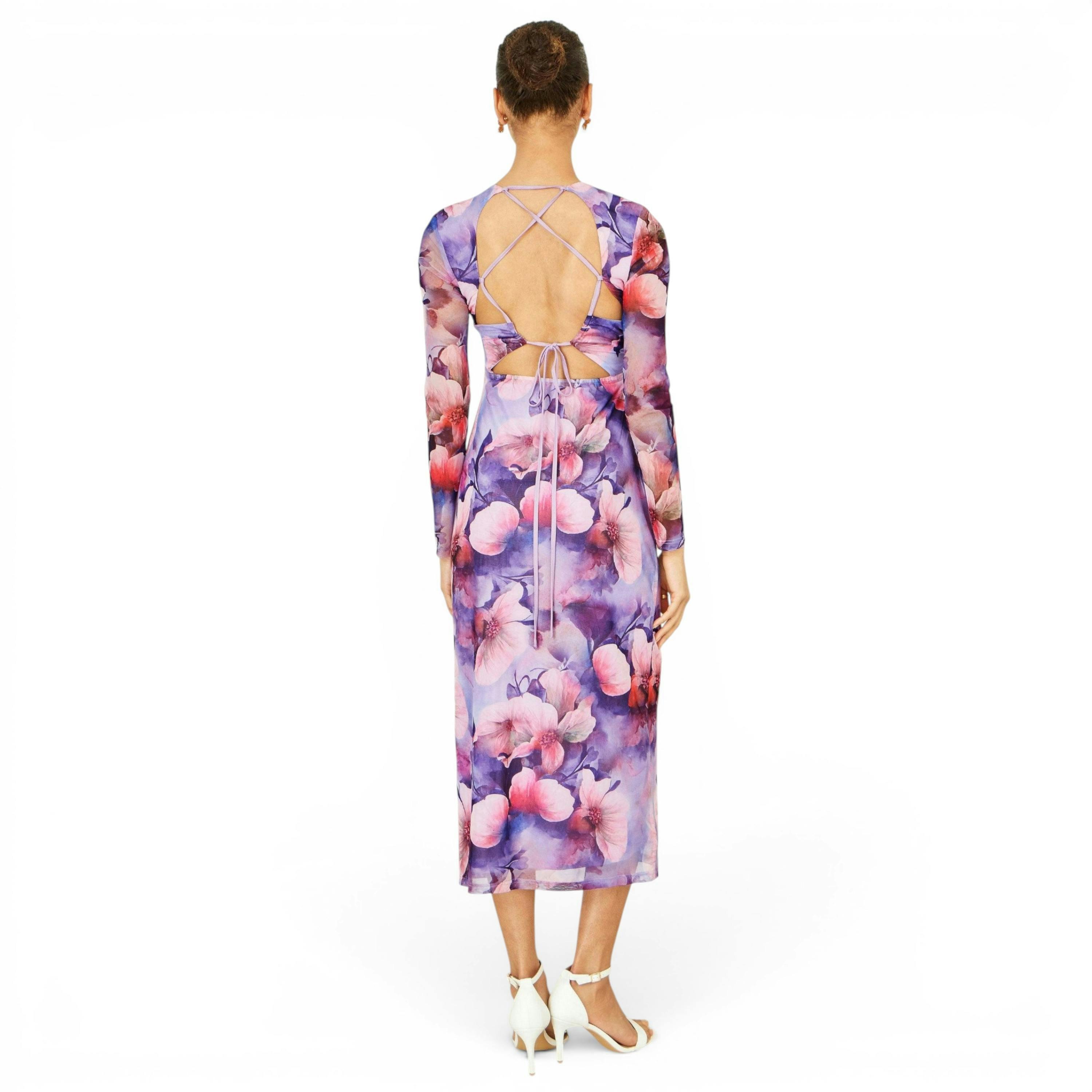 Yumi Purple Floral Mesh Midi Dress With Tie Back , view 5 of 6