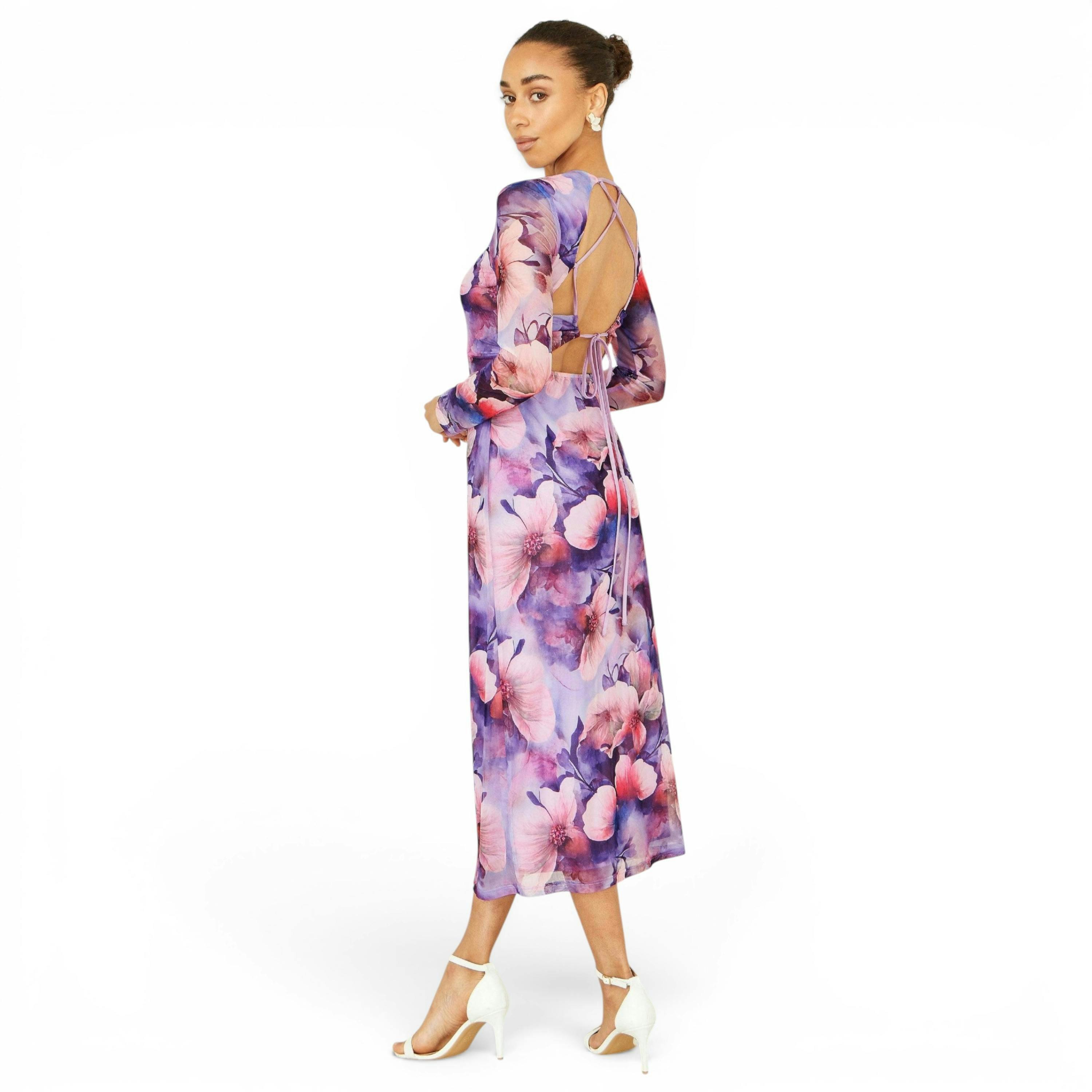 Yumi Purple Floral Mesh Midi Dress With Tie Back , view 6 of 6