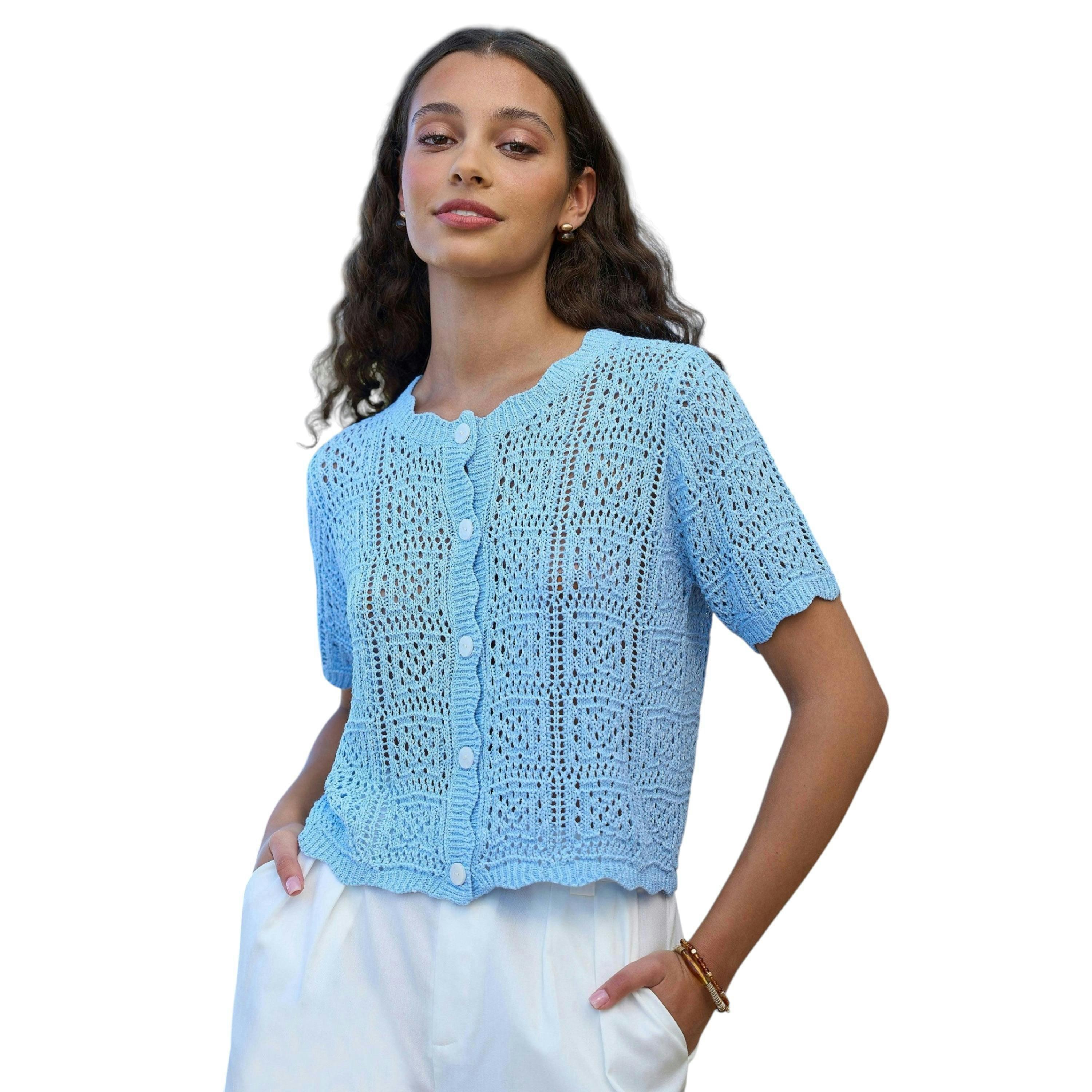 Yumi Blue Crochet Short Sleeve Cardigan , view 1 of 6