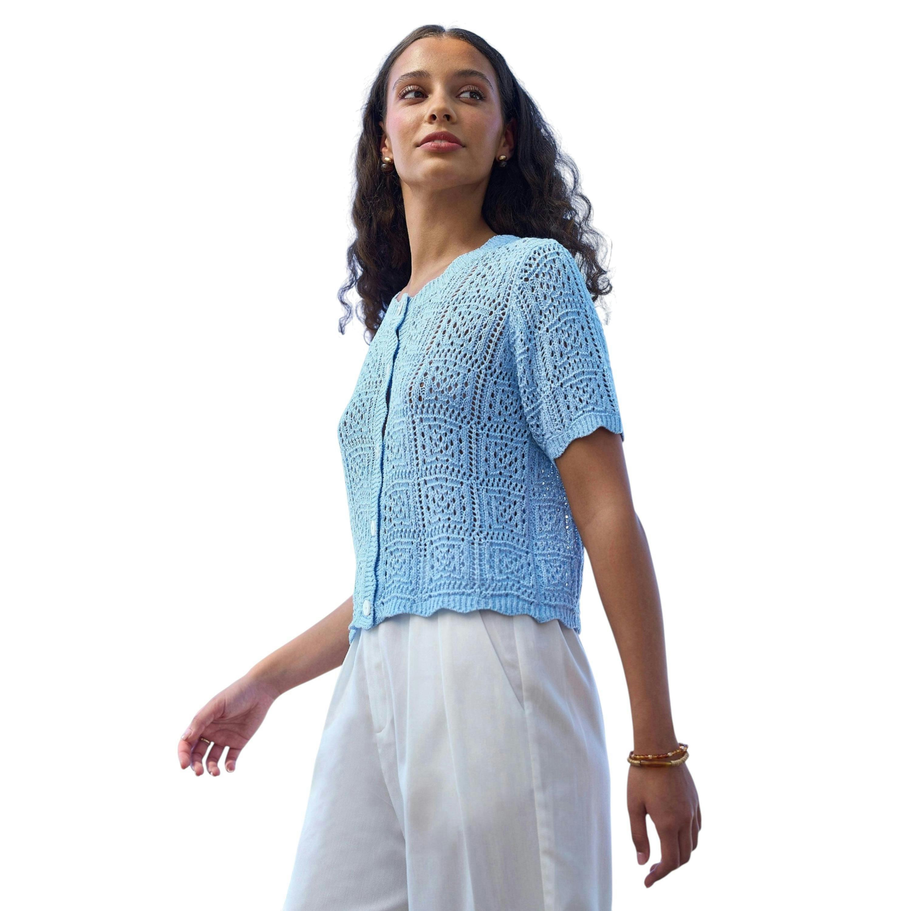 Yumi Blue Crochet Short Sleeve Cardigan , view 2 of 6