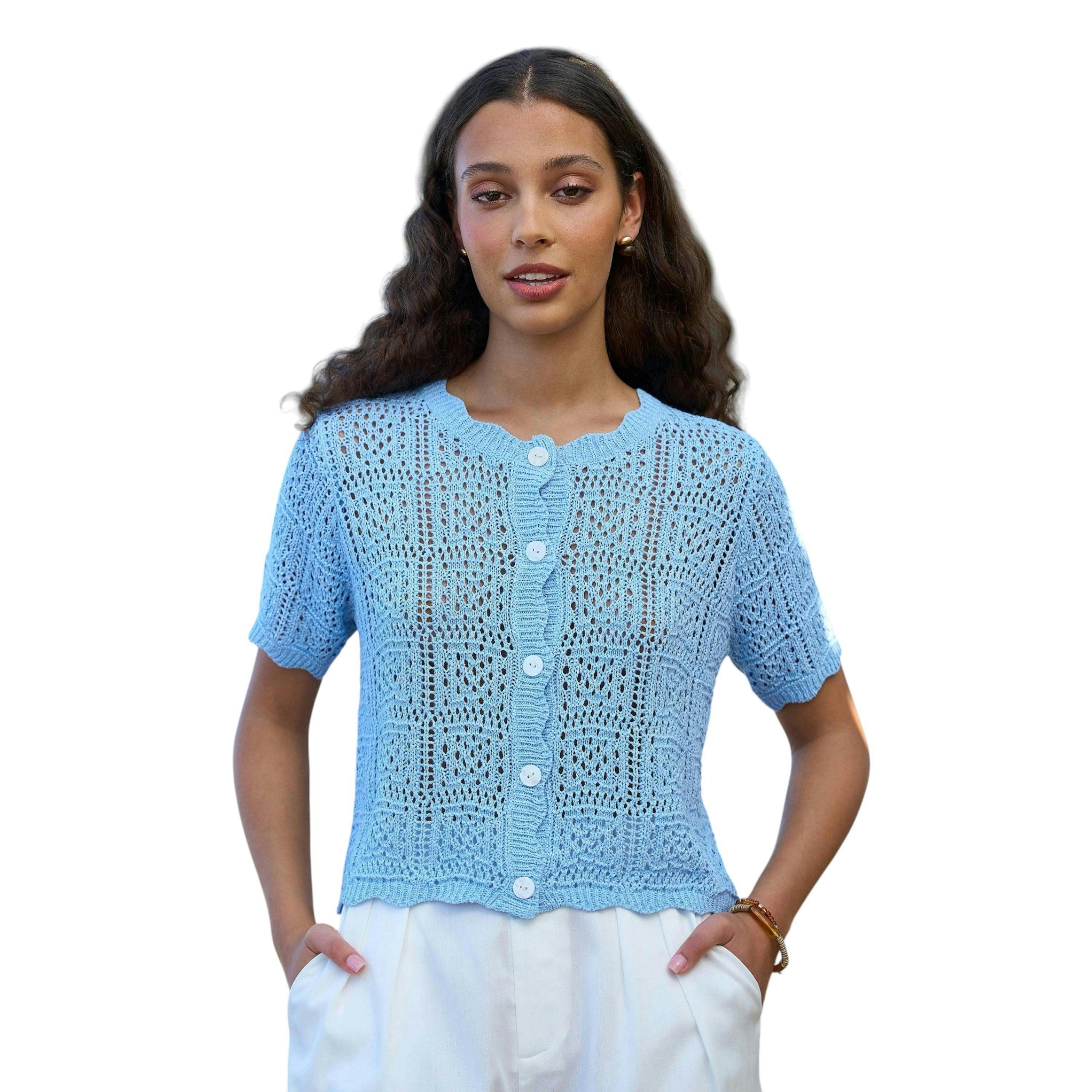 Yumi Blue Crochet Short Sleeve Cardigan , view 3 of 6