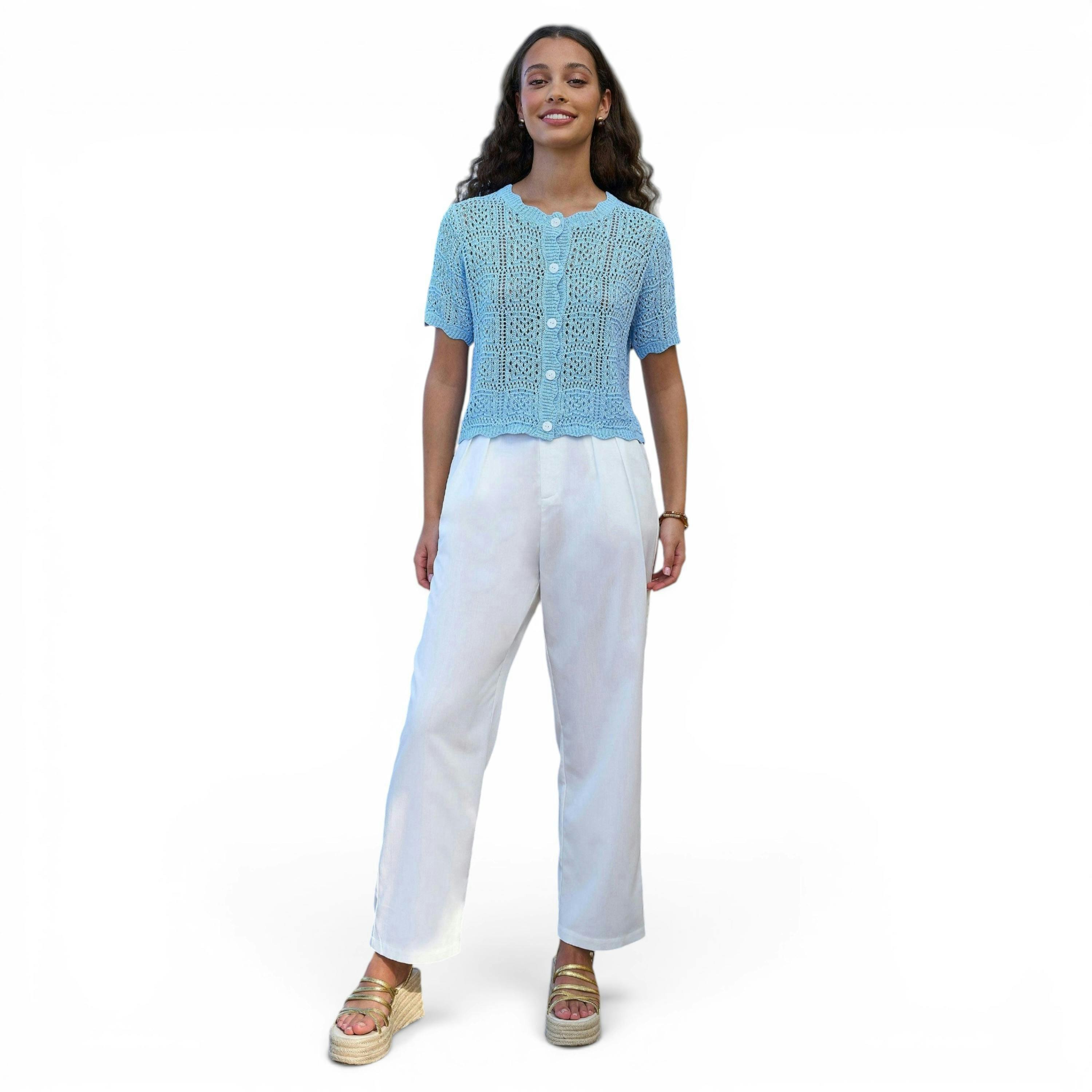 Yumi Blue Crochet Short Sleeve Cardigan , view 4 of 6