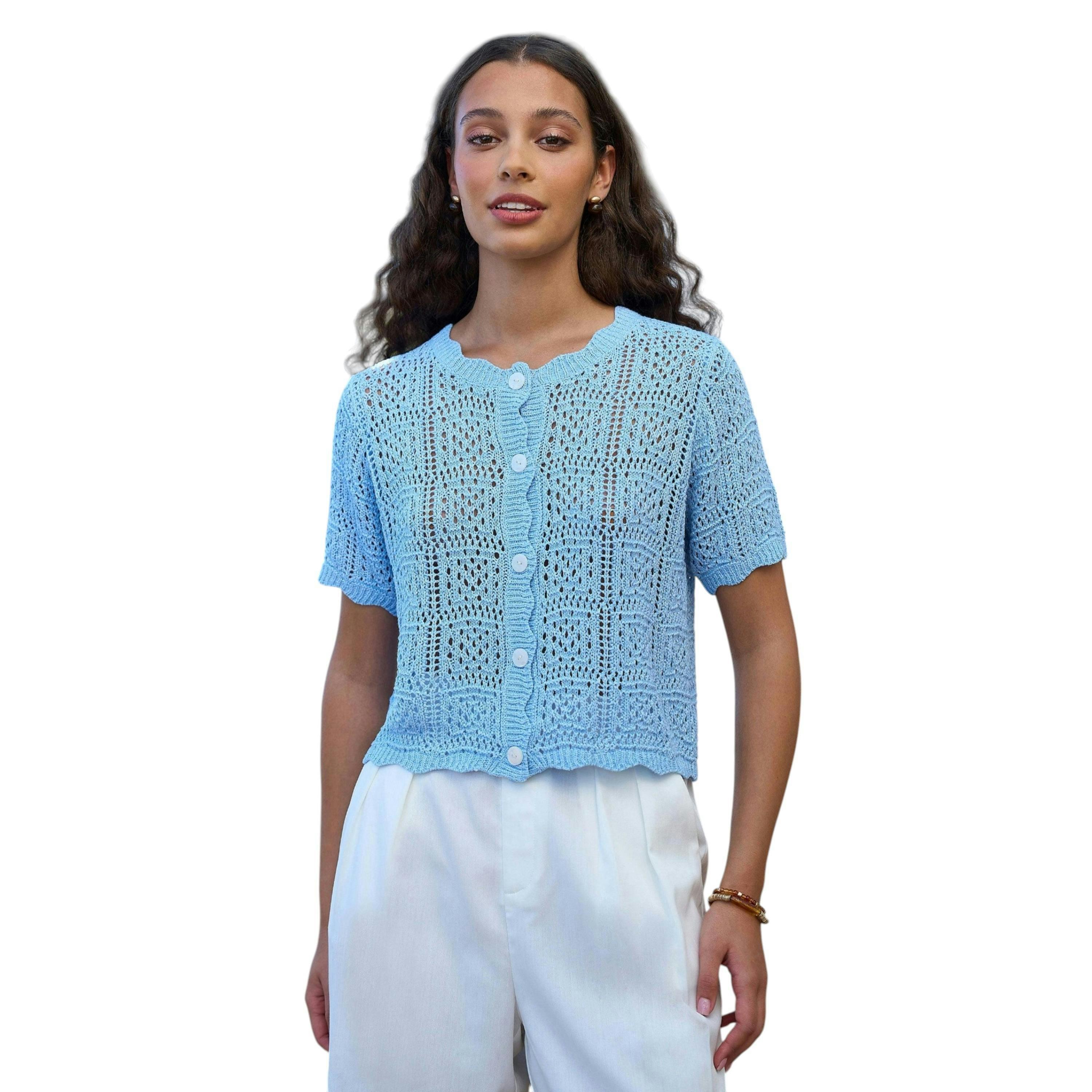 Yumi Blue Crochet Short Sleeve Cardigan , view 5 of 6