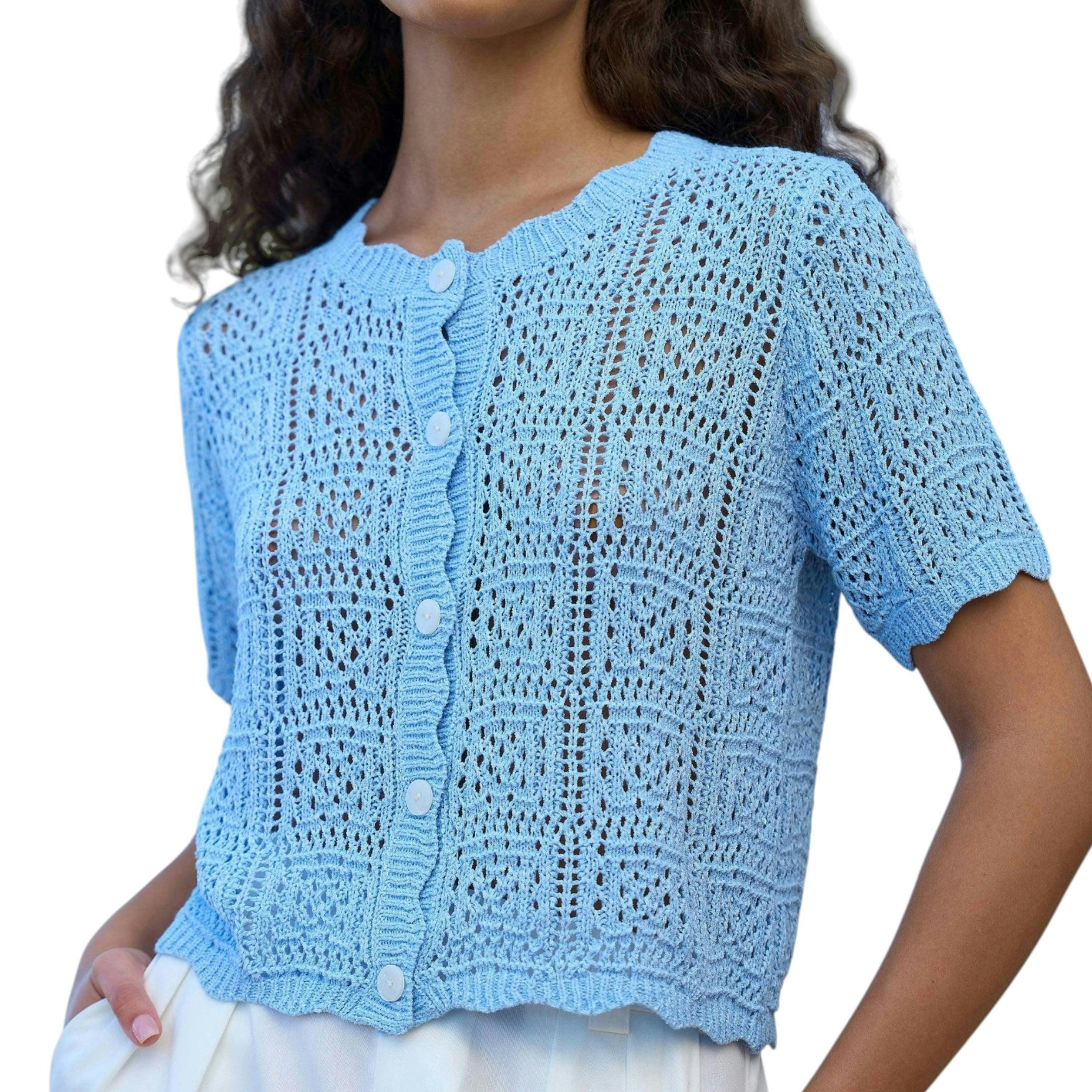 Yumi Blue Crochet Short Sleeve Cardigan , view 6 of 6