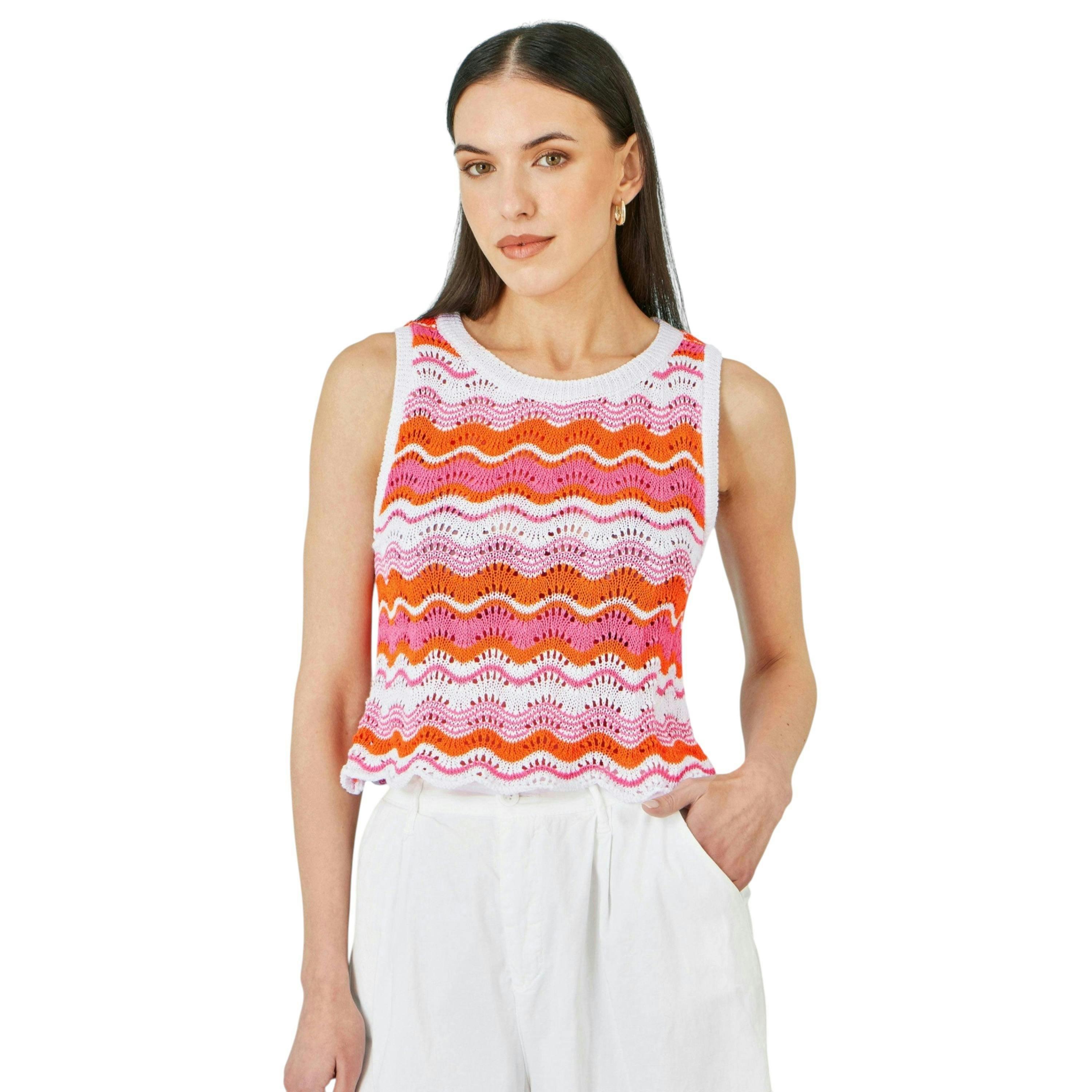 Yumi Orange Stripe Crochet Stripe Vest Top , view 1 of 5