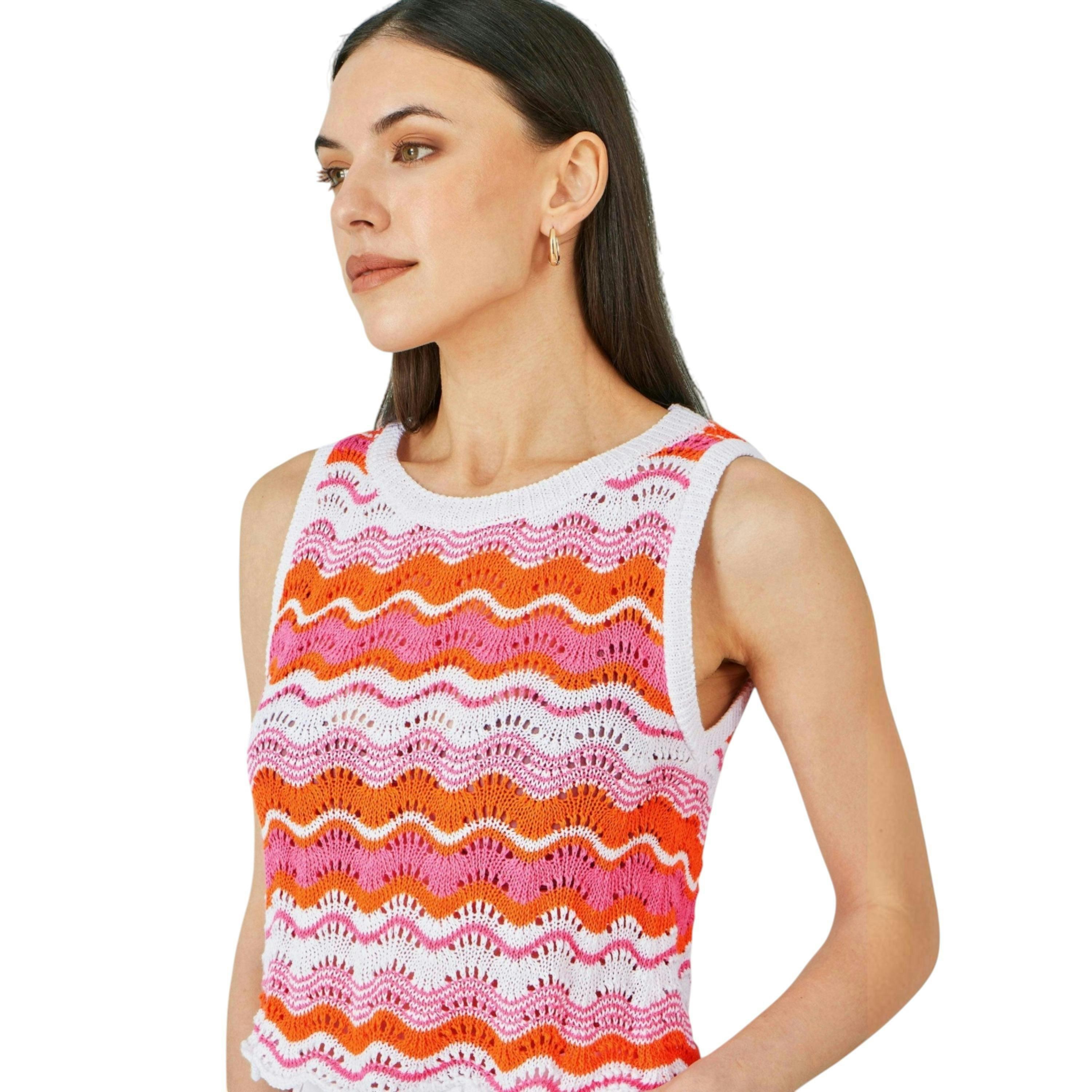 Yumi Orange Stripe Crochet Stripe Vest Top , view 2 of 5